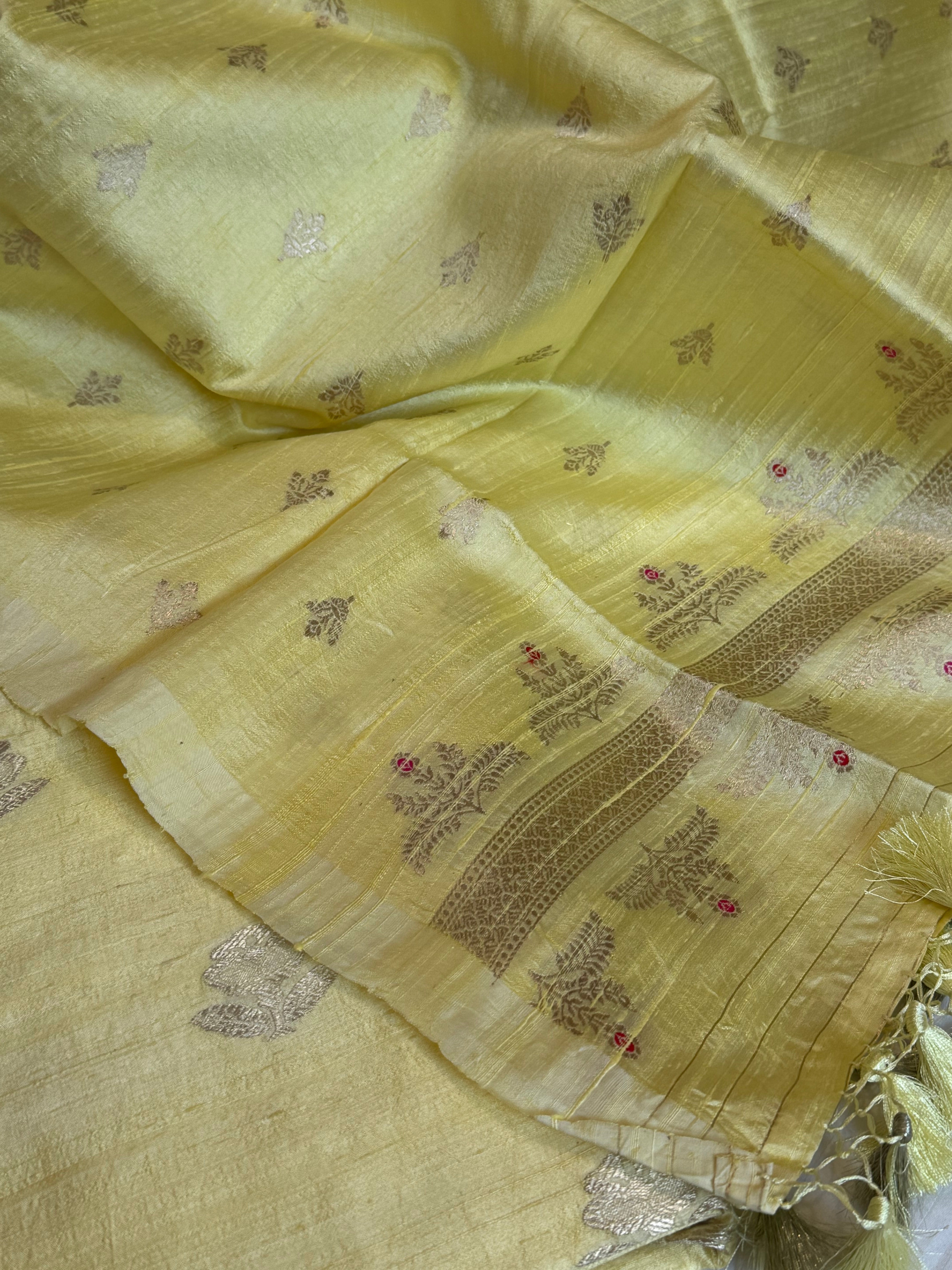 Lime yellow kadhwa raw silk meenakari banarasi suit sets