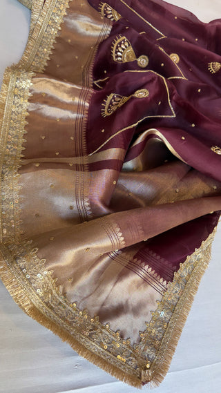 Dulhan ka pitara - caffeine maroonish kora silk hand embroidered saree