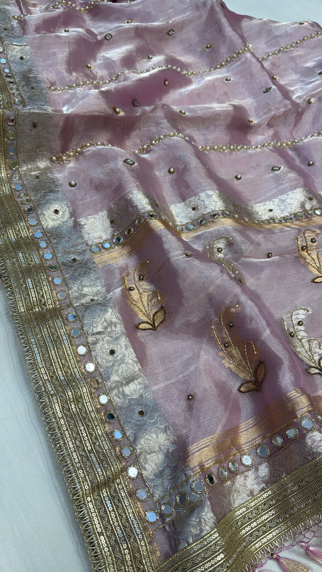 Blush pink husn tissue silk hand embroidered kadhwa saree