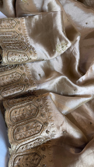 Husn soft golden tissue silk heavy hand embroidered saree