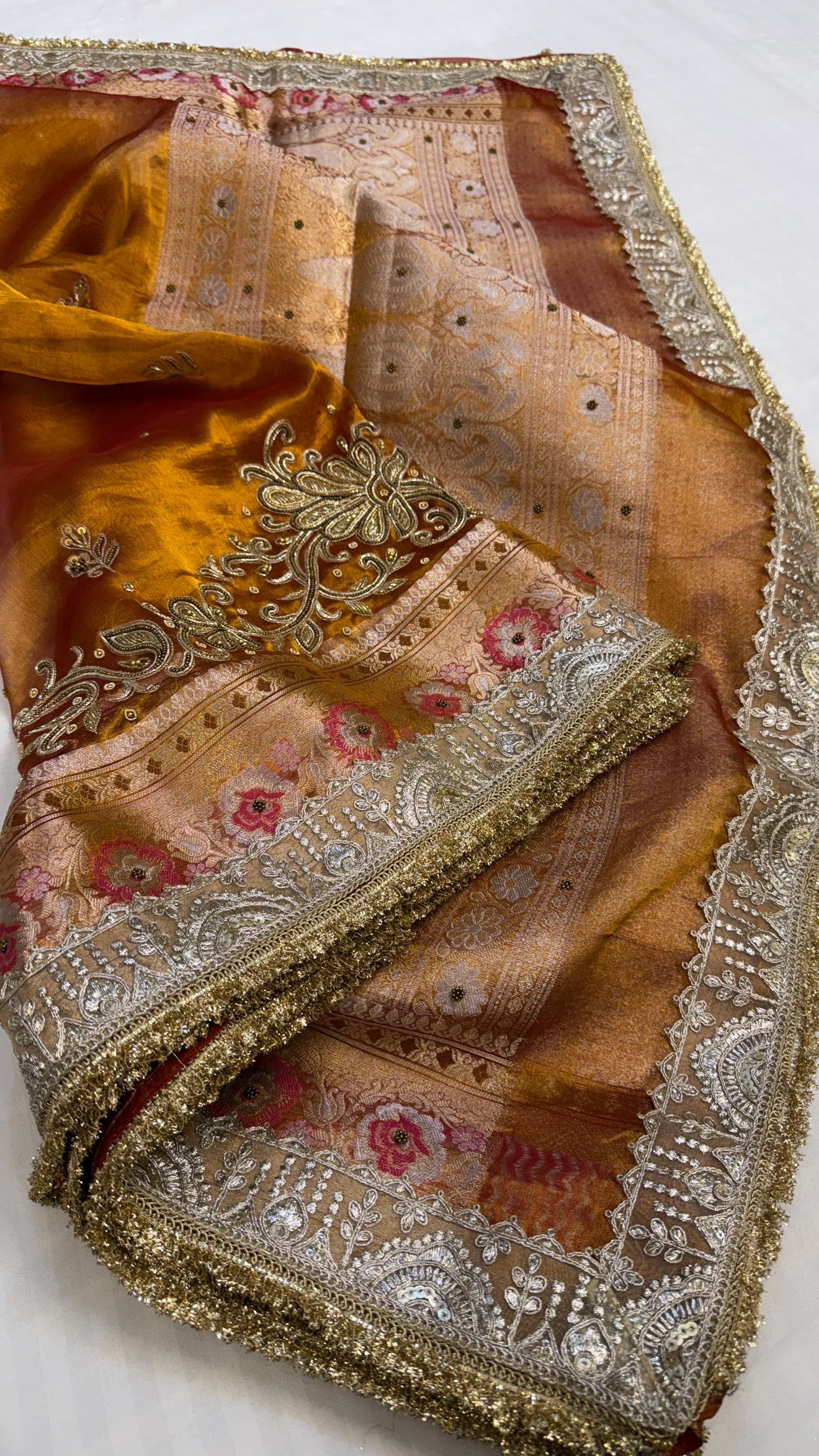 Cocktail wali saree - Kanjivaram orange tissue silk hand embroidered saree