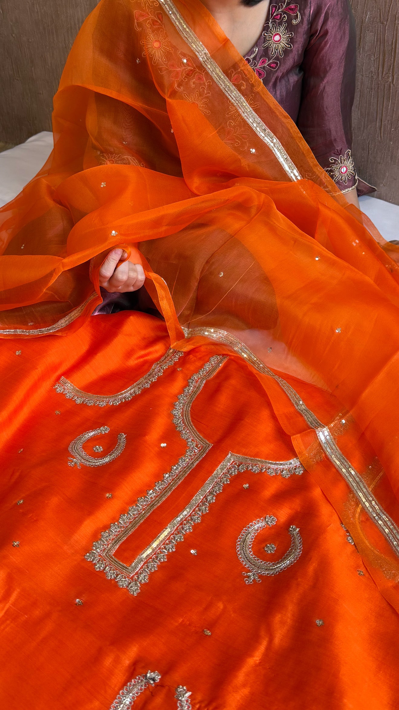Fanta orange chand-buta chiniya silk kadhwa hand embroidered kurta paired with kora silk hand embroidered duppata set