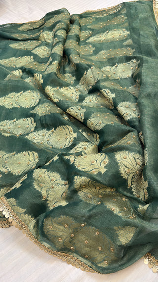 Forest green tissue gorgette kadhwa weaving hand embroidered saree