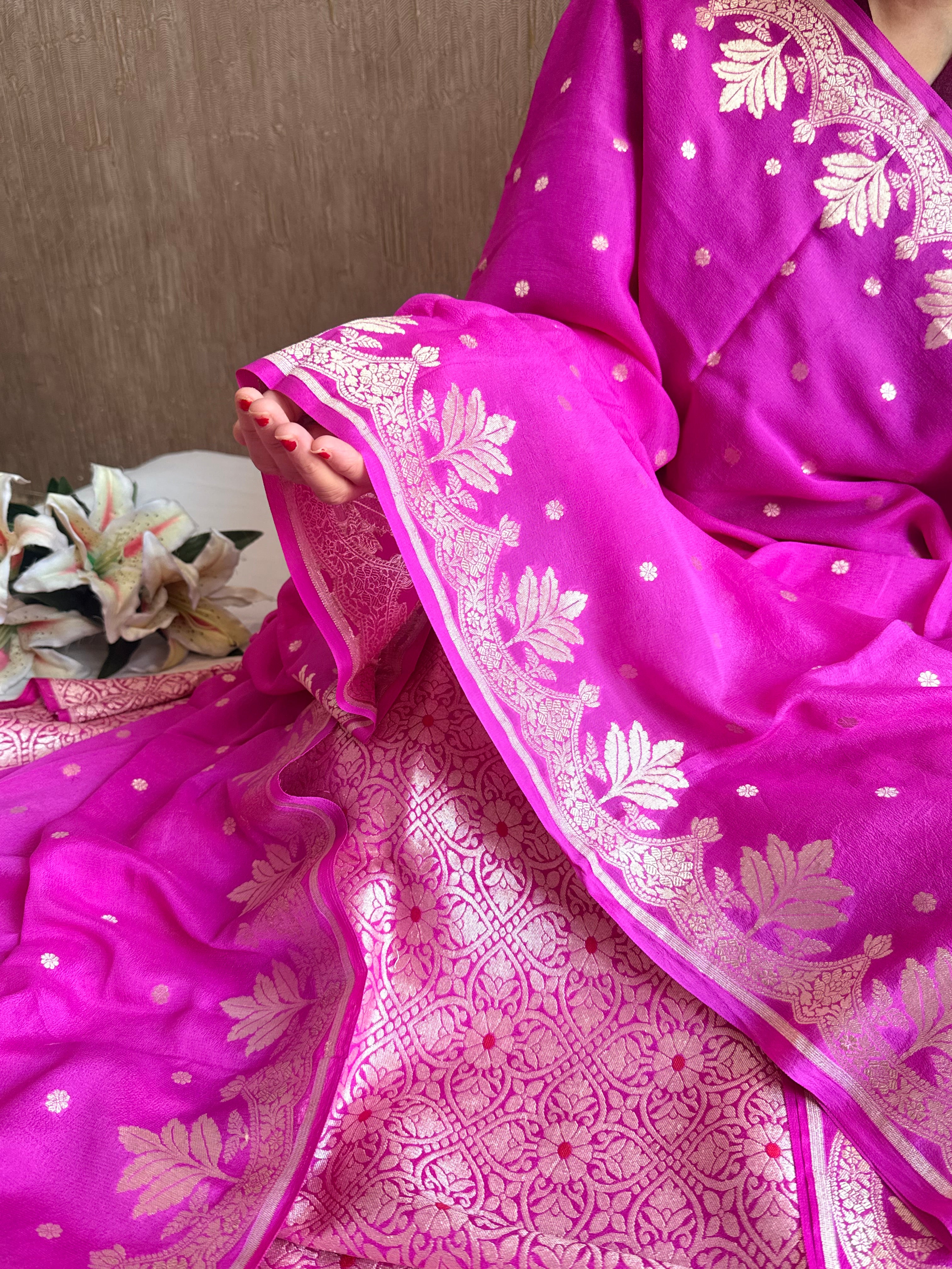 Hot pink moonga brocade ambose meenakari suit set