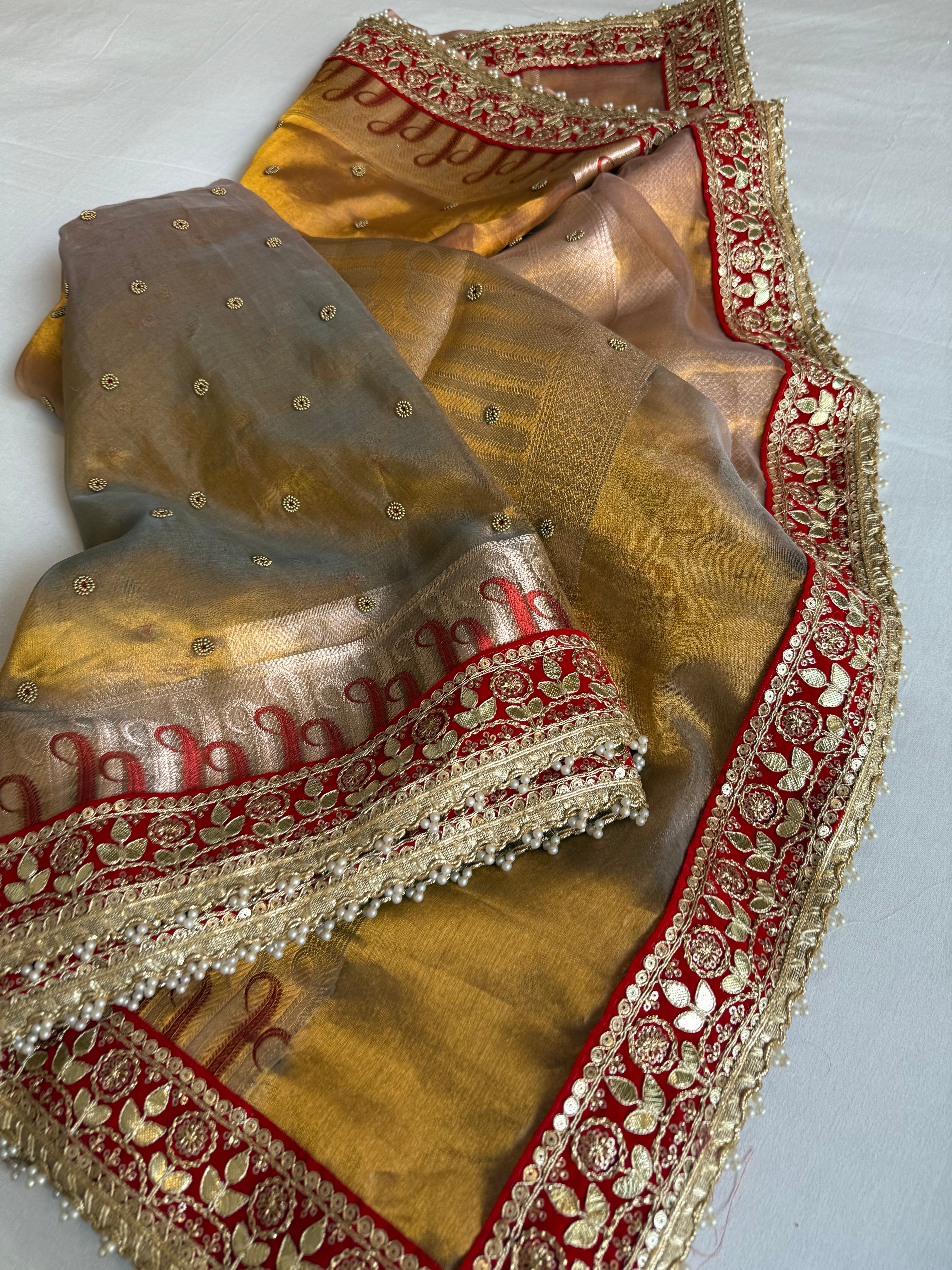 Kanjivaram gold tissue silk red meenakari hand embroidered kadhwa saree