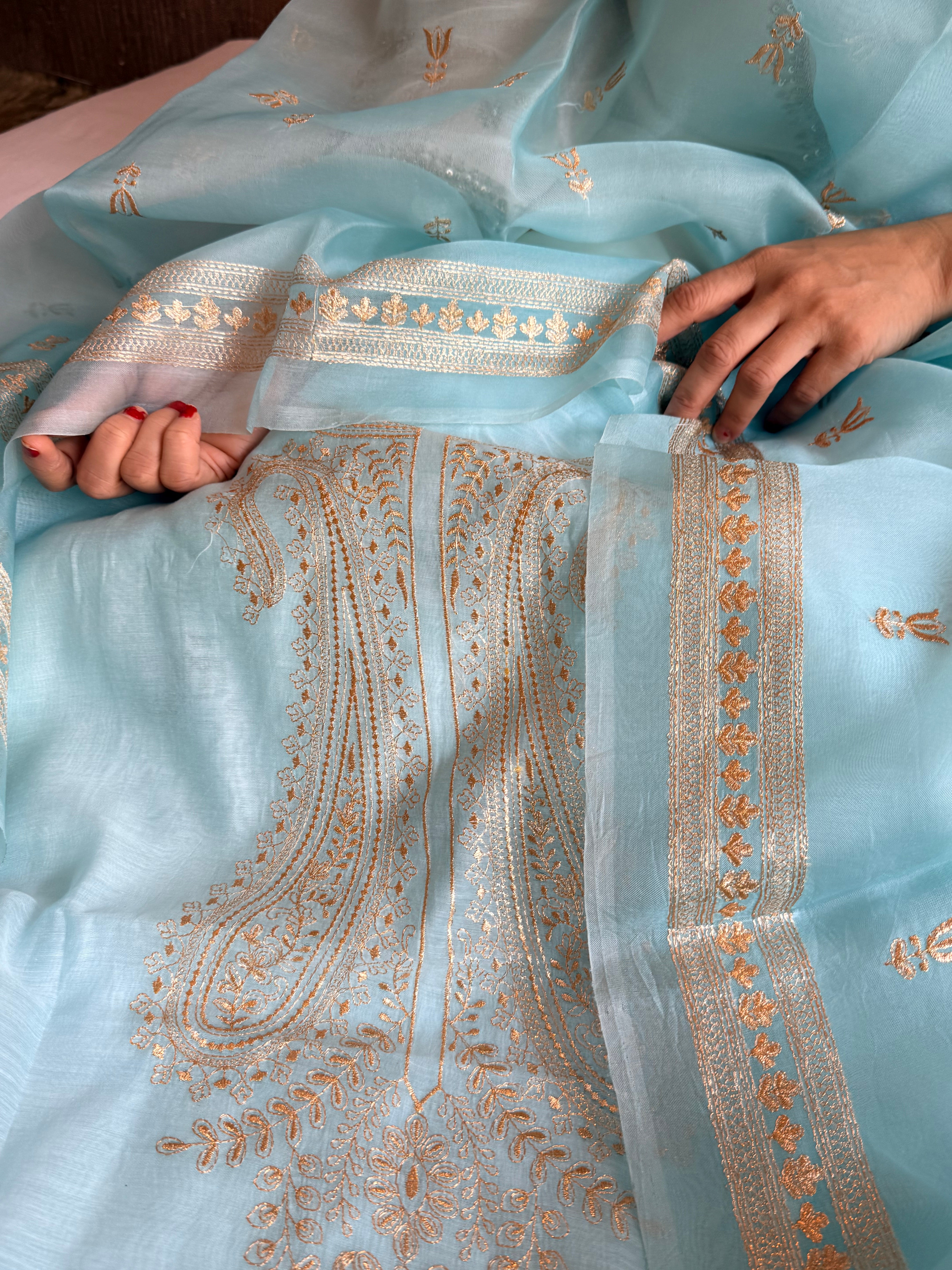 Mul cotton aariwork hand embroidered banarasi suit set