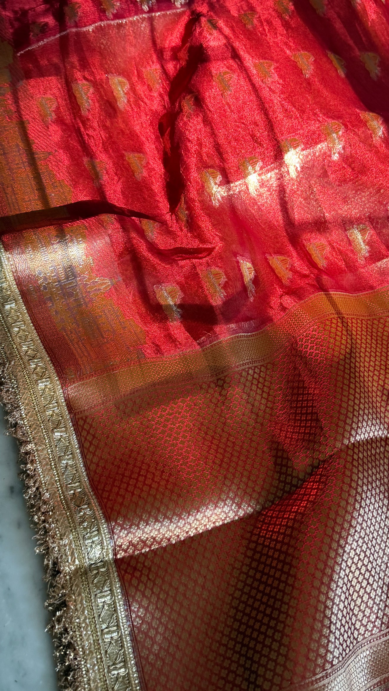 Teej Special - Banarasi ghat buti tissue silk mulberry red kadhwa saree