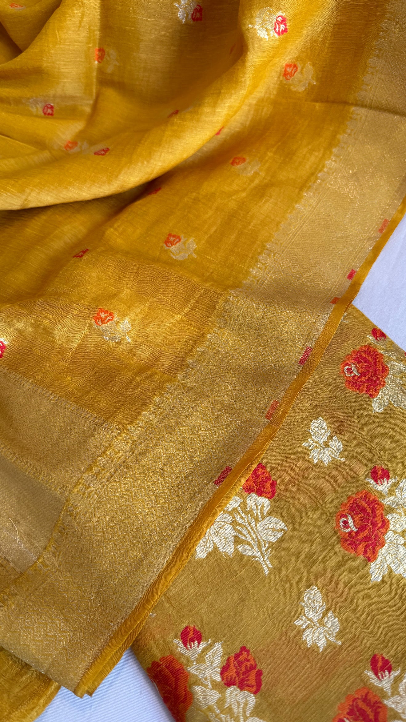 Linen gorgette olive mustard meenakari kadhwa rose buta suit set