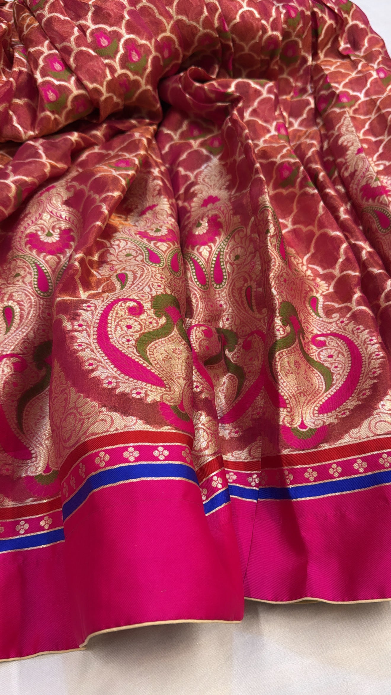 “Kali wala lehenga” — Rani pink semi stitched pure banarasi kali wala lehenga set
