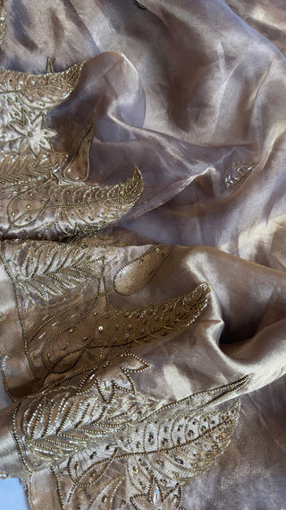 Husn soft grey tissue silk heavy hand embroidered saree