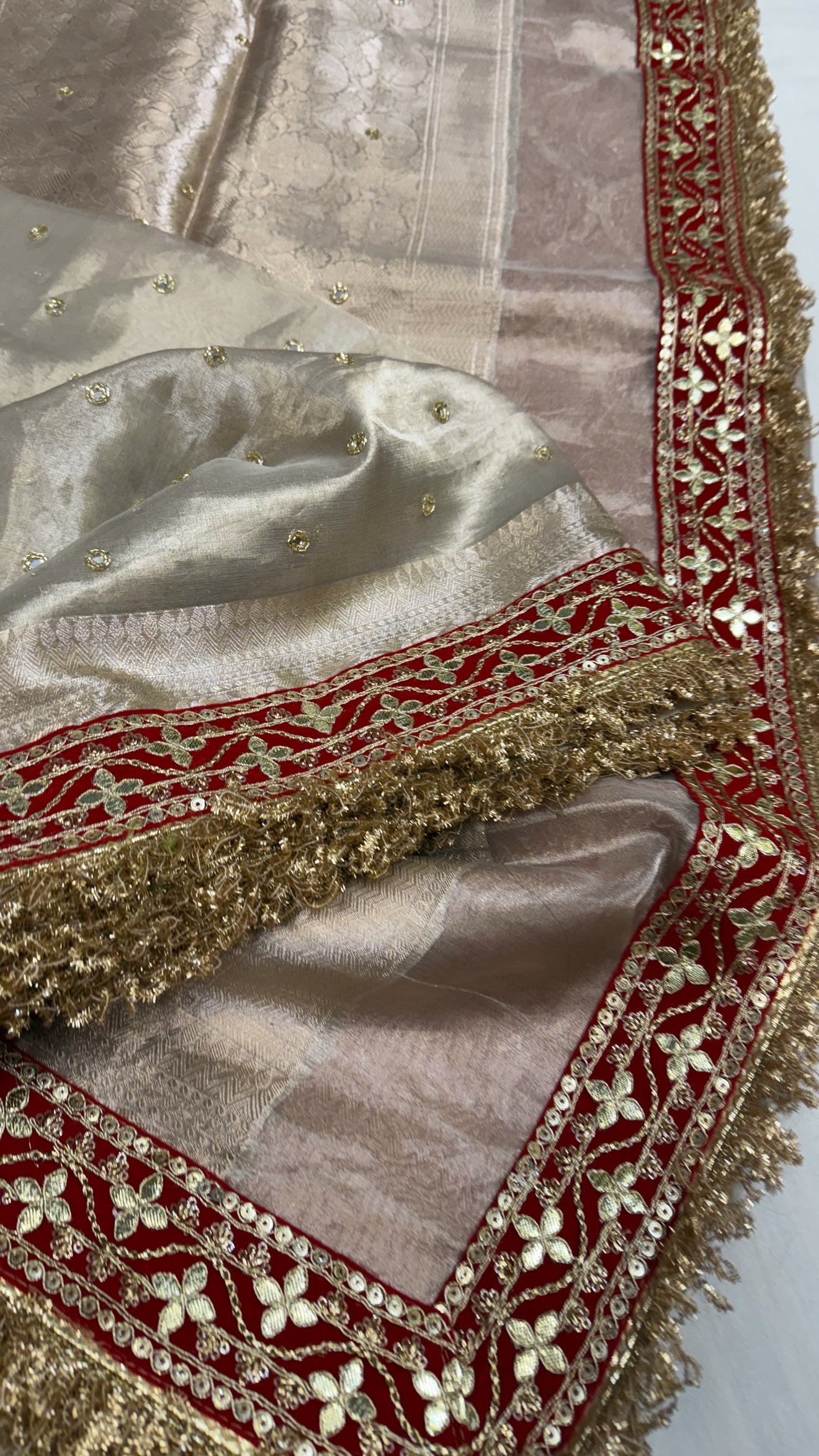 Diamond tissue silk chunri buti hand embroidered panetar saree