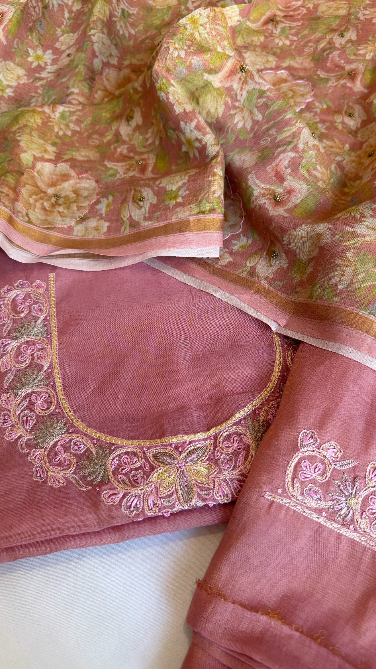 Dark peach resham hand embroidered mul cotton suit set