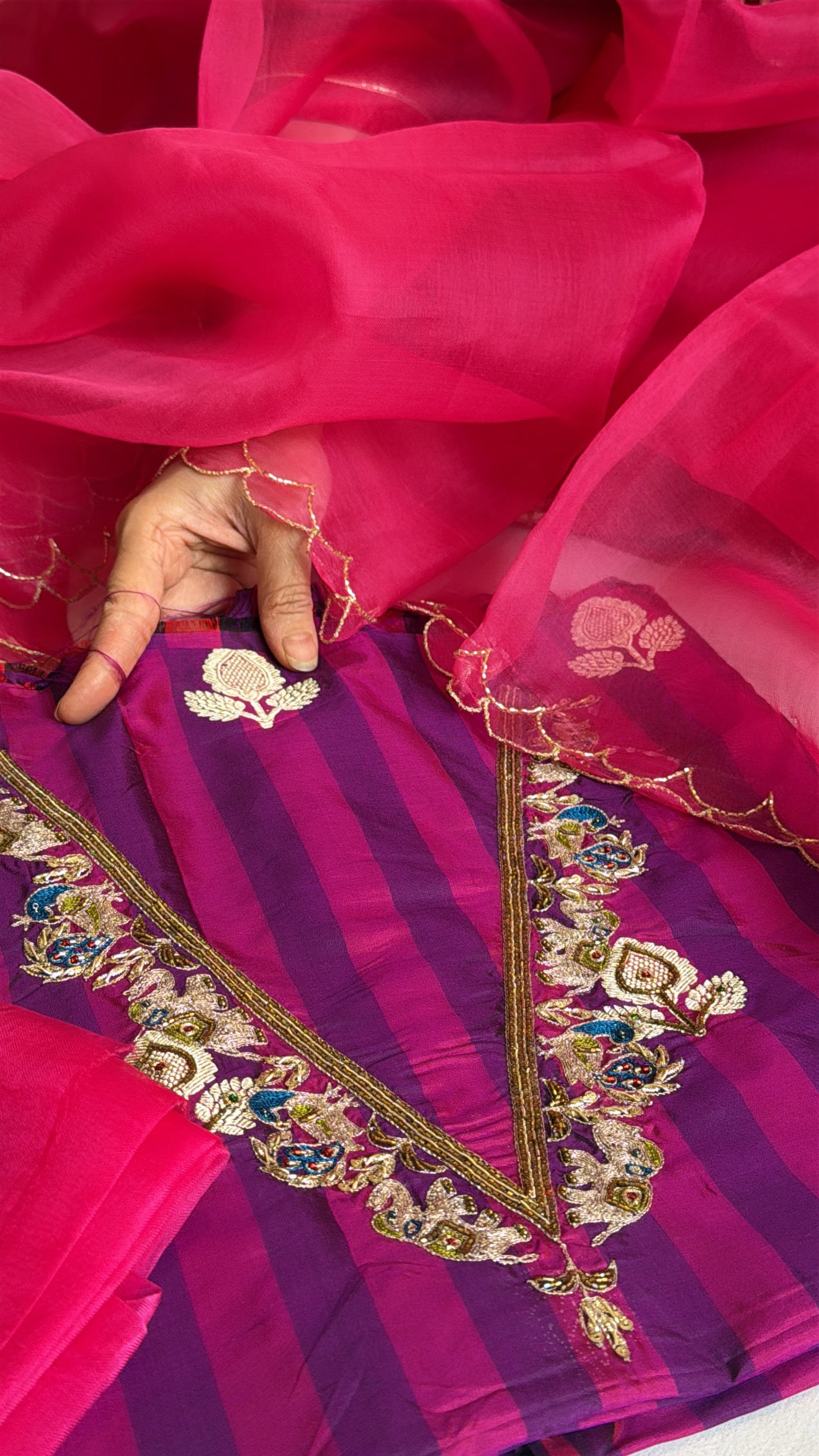 Magenta purple-pink katan silk striped dhup chao effect kurta paired with Kora silk scalloped duppata set