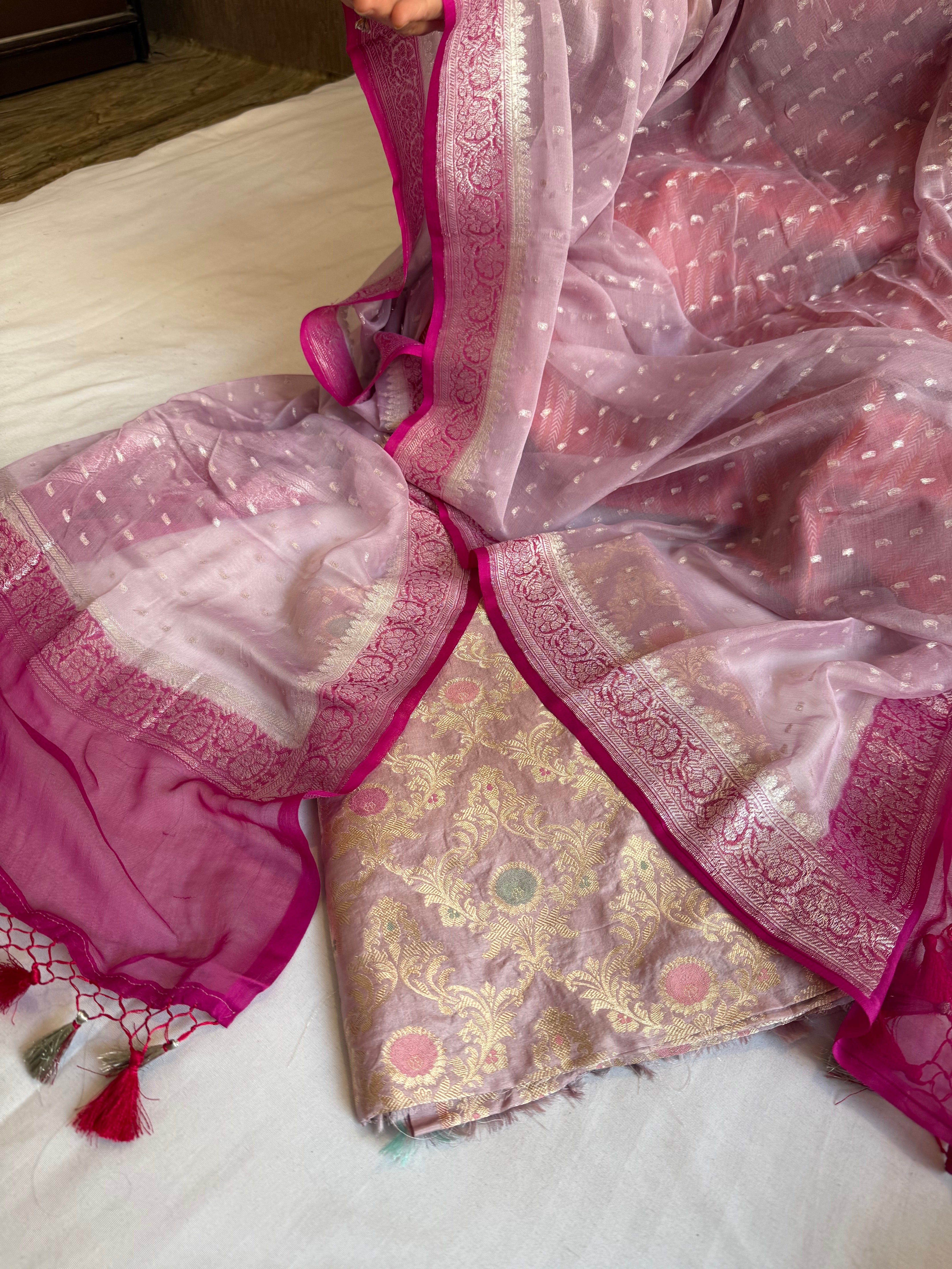 Blush pink - Hot pink katan silk kadhwa jaal kurta paired with chap dye chiffon gorgette duppata set
