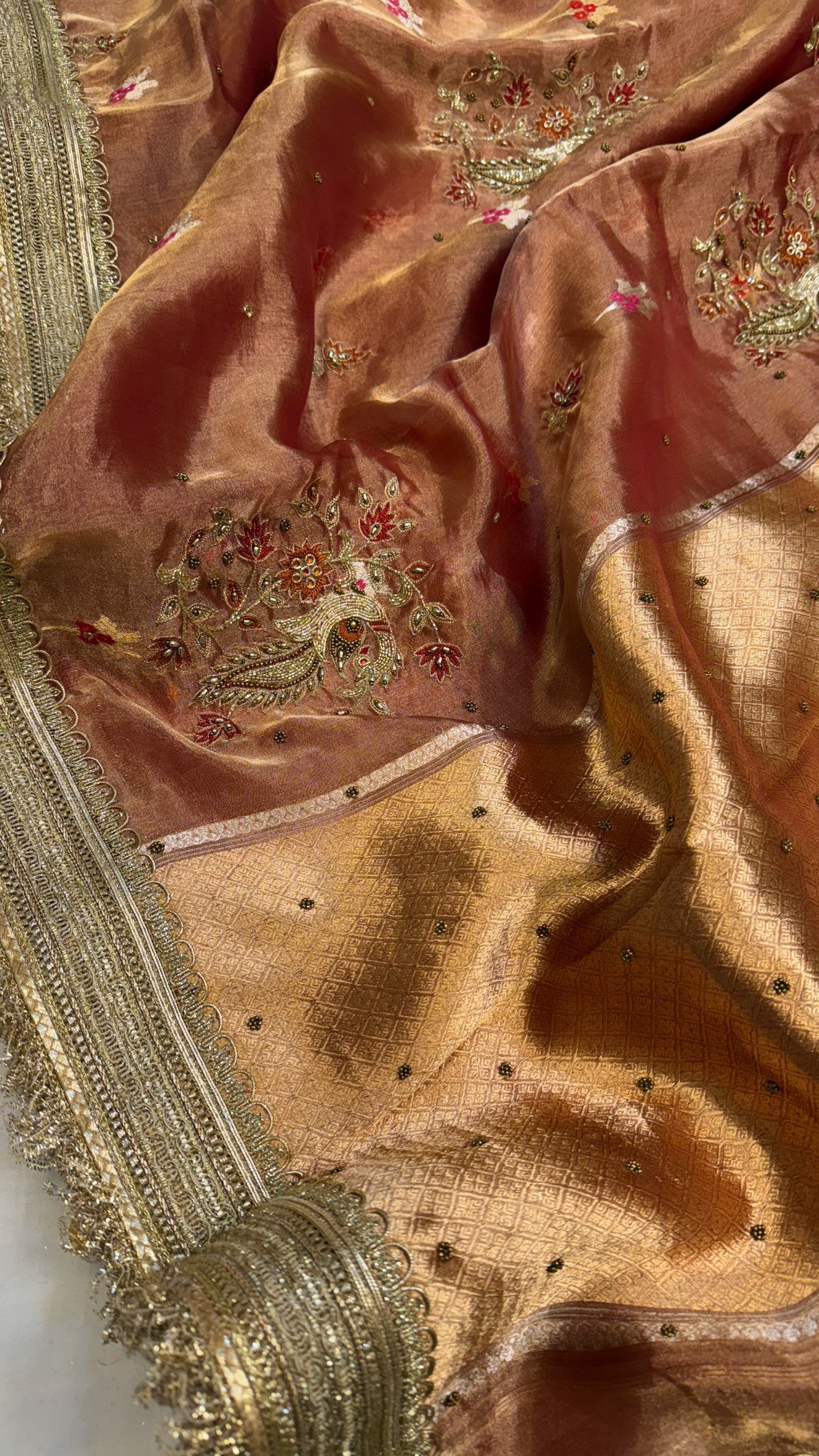 Baarat wali saree - Gajri red husn tissue silk peacock motif hand embroidered saree