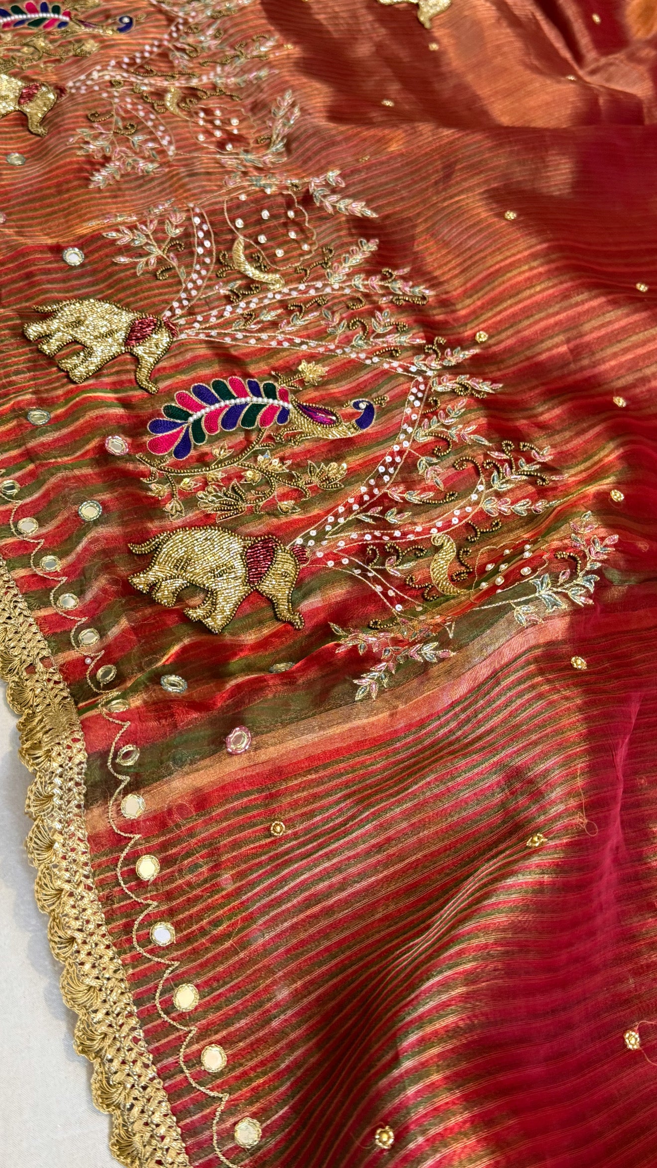Hathi ghoda palki wali saree - Husn tissue silk hand embroidered saree
