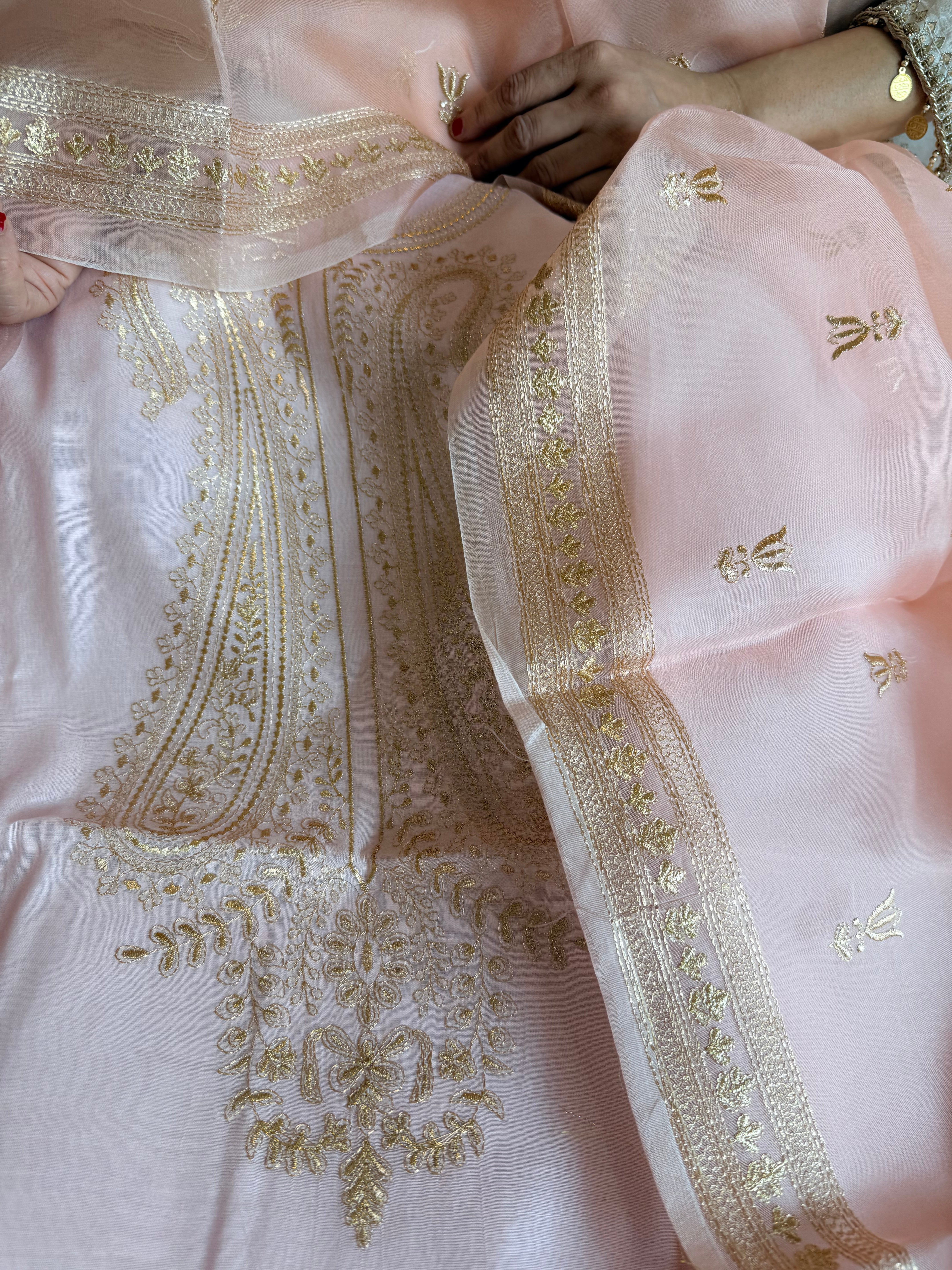 Mul cotton aariwork hand embroidered banarasi suit set
