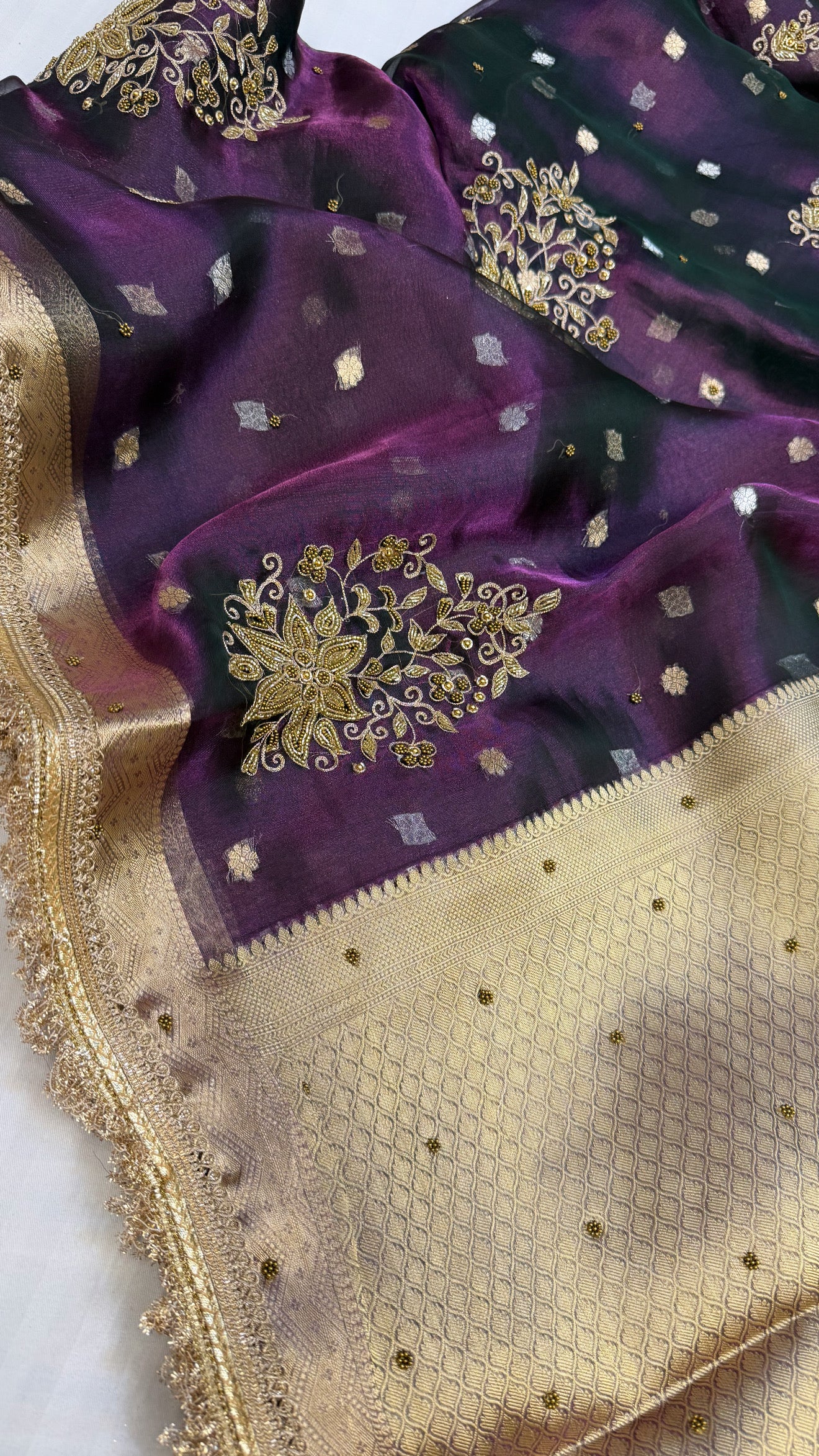 Cocktail edit sarees - brinjal purple tissue silk heavy hand embroidered saree