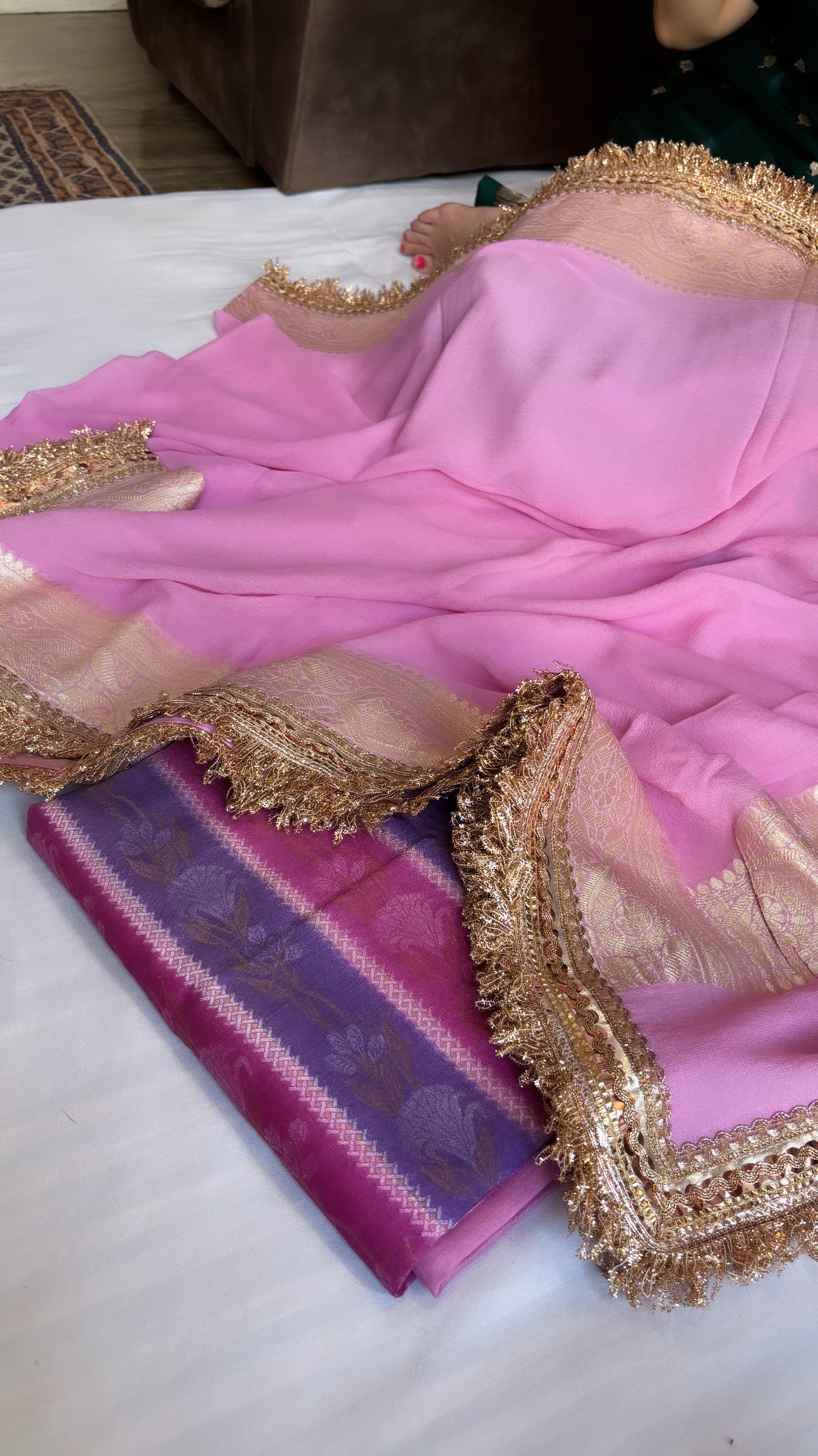 Moorni cherry pink rangkaat gorgette ombre shaded gotapatti suit sets