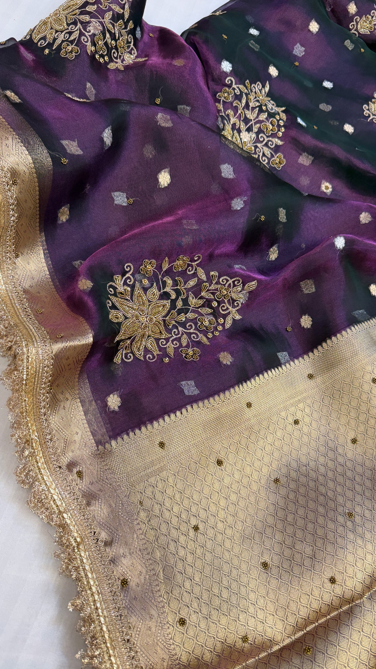 Cocktail edit sarees - brinjal purple tissue silk heavy hand embroidered saree