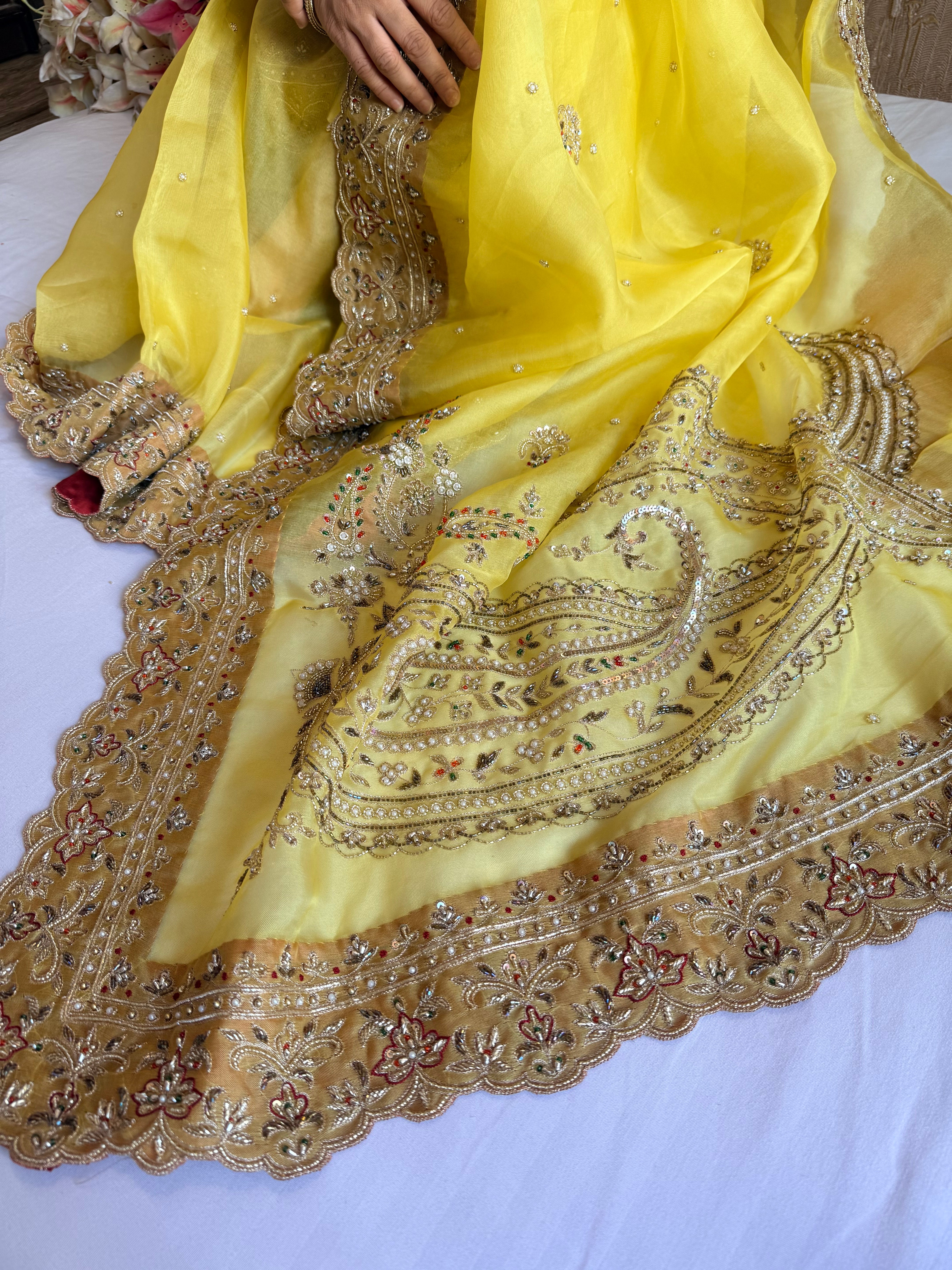Mummy ki purani wali saree edit - Lemon yellow kora silk kadhwa hand embroidered saree