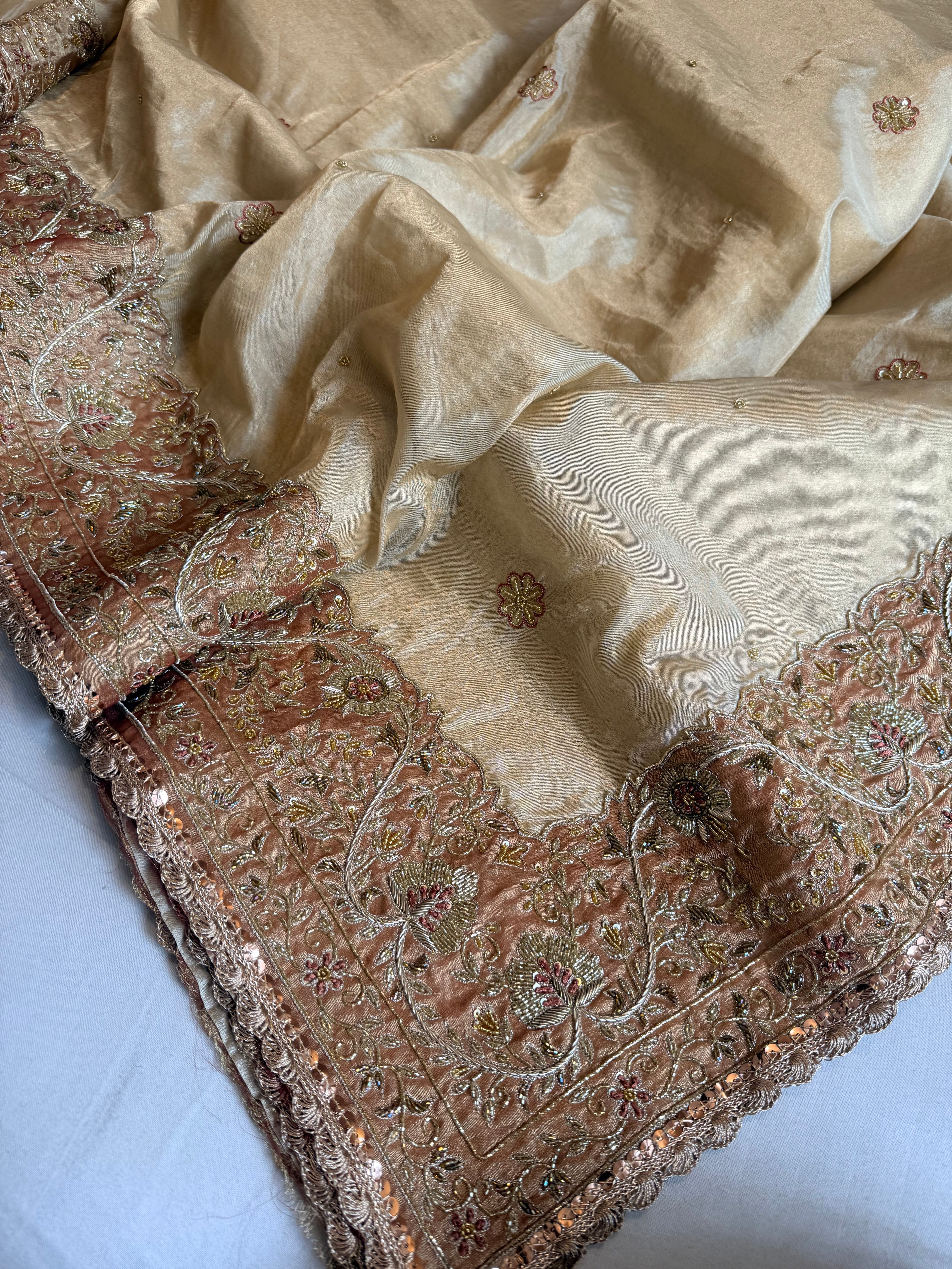 Dulhan wali saree edit golden tissue silk hand embroidered saree