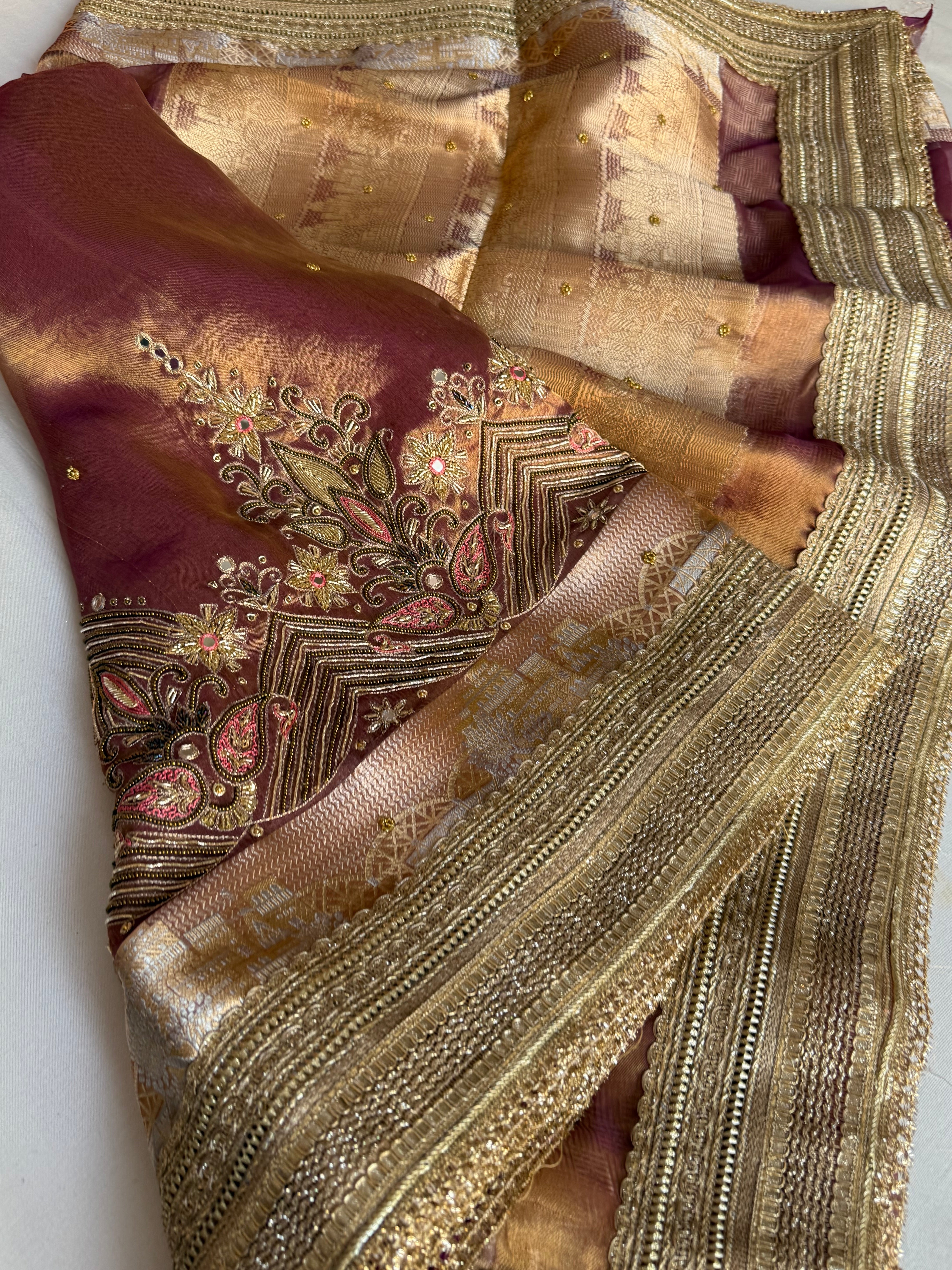 Mughal motif inspired- Kanjivaram purple dhup chao effect husn tissue silk hand embroidered saree