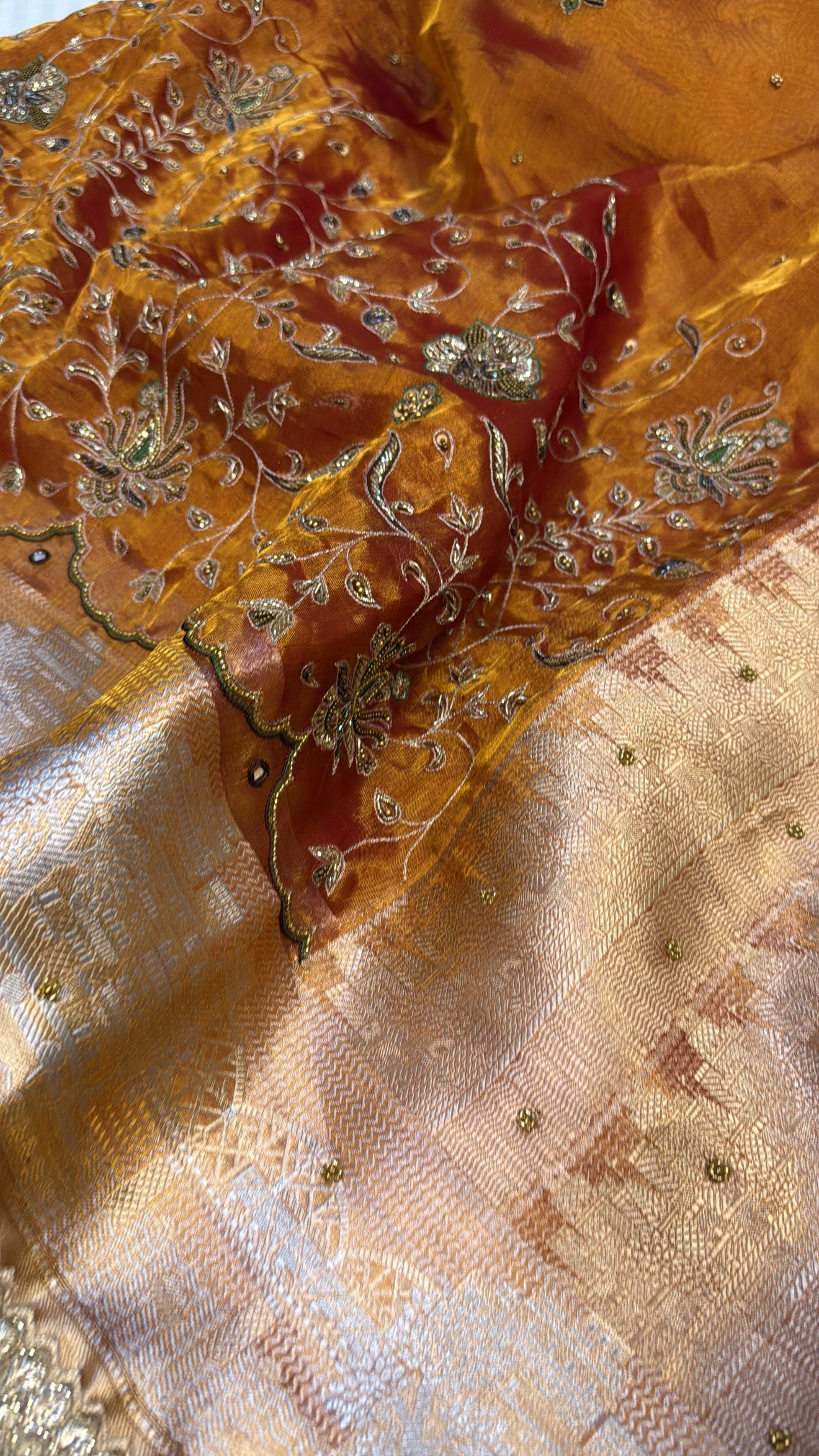 Burnt orange ghat woven border tissue silk heavy hand embroidered saree