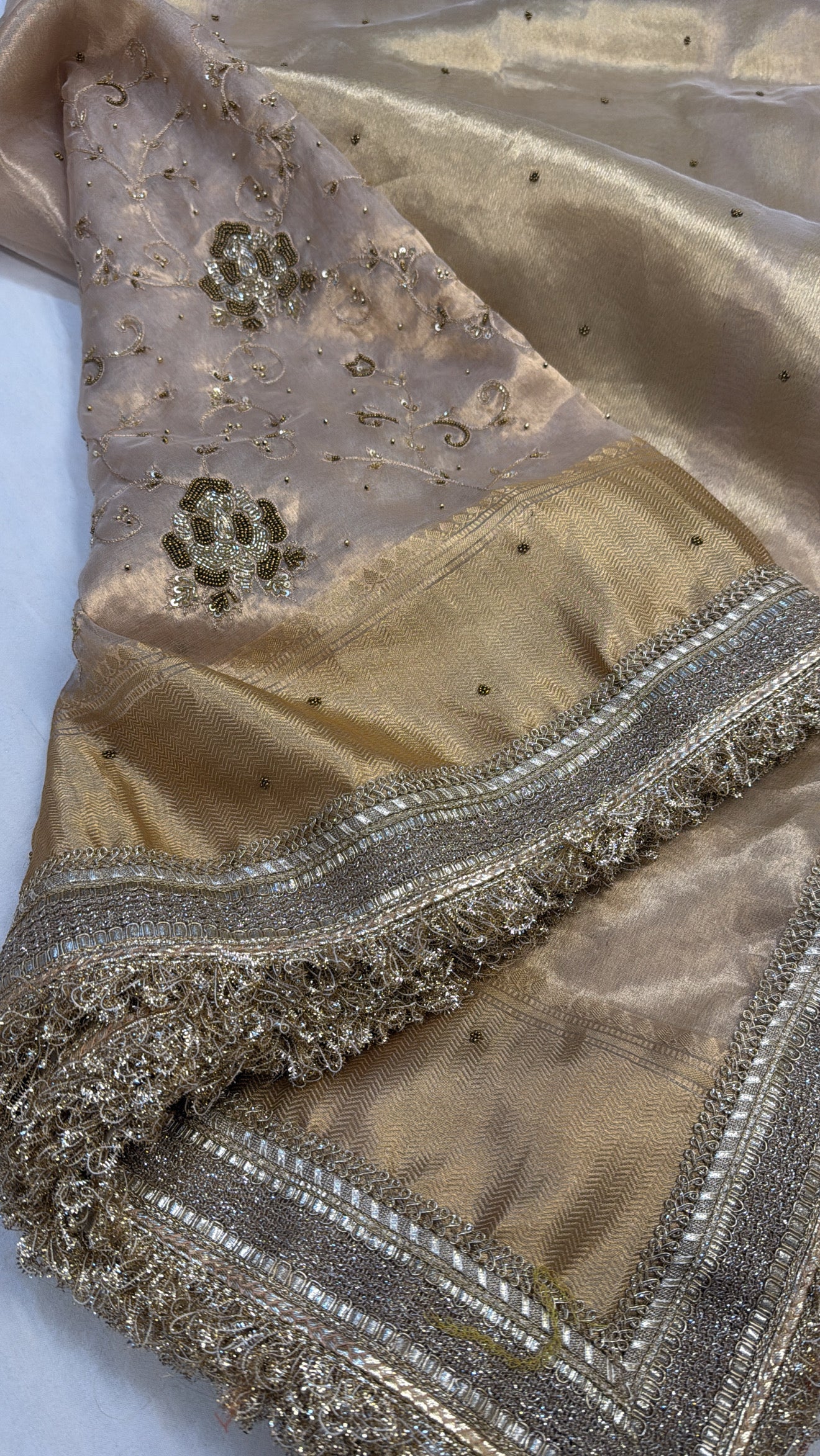 Golden tissue silk hand embroidered kadhwa saree with gotapatti work