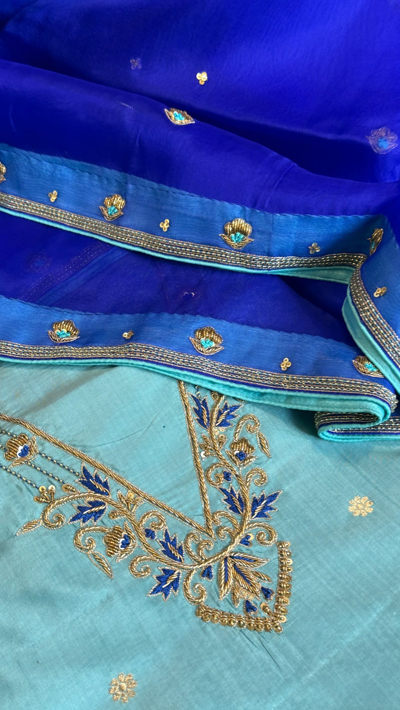 Sea blue - electric blue shade katan silk hand embroidered kurta paired with kora silk zardozi duppata