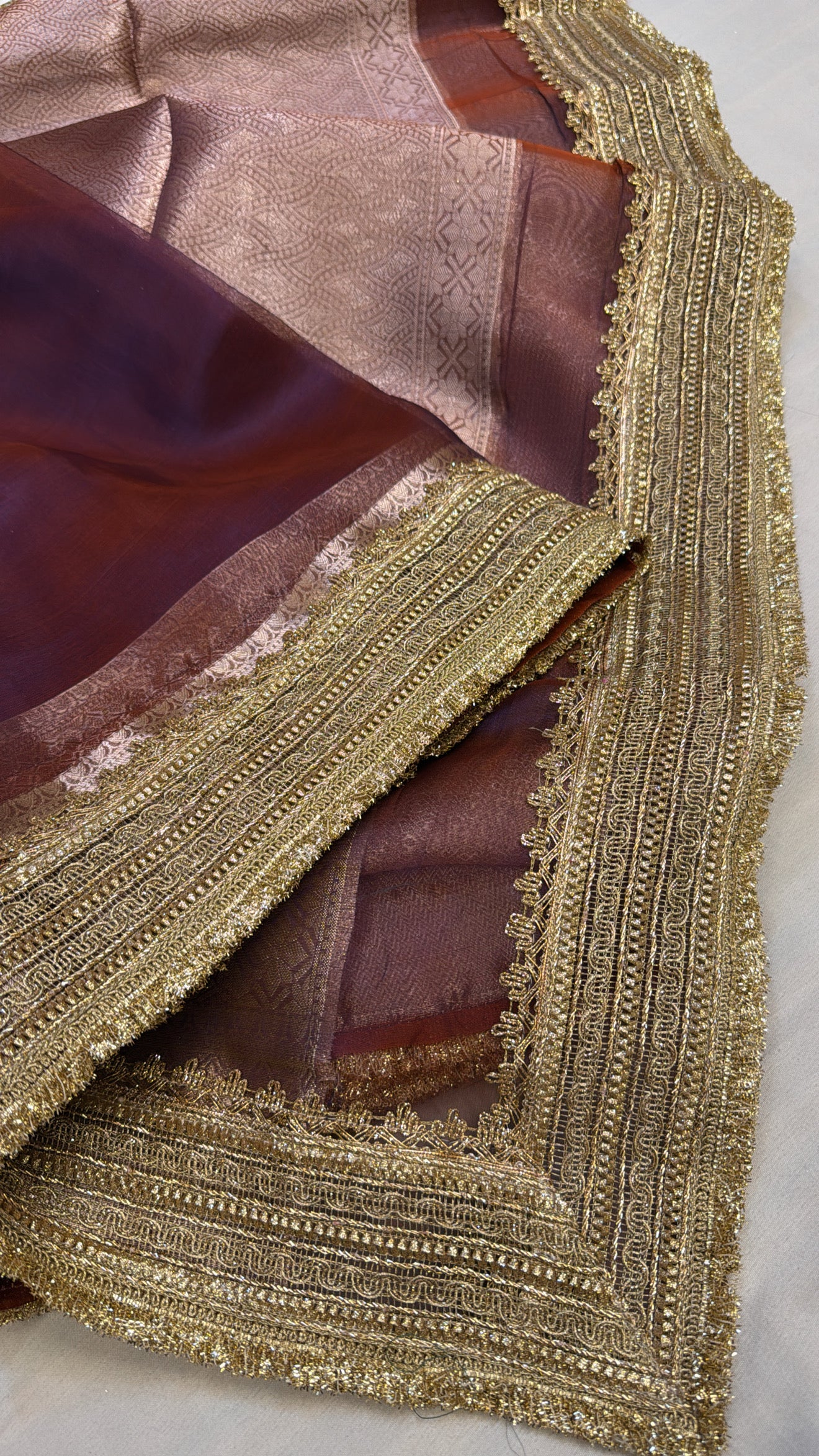 Maharani metallic purple dhup chao effect tissue silk saree