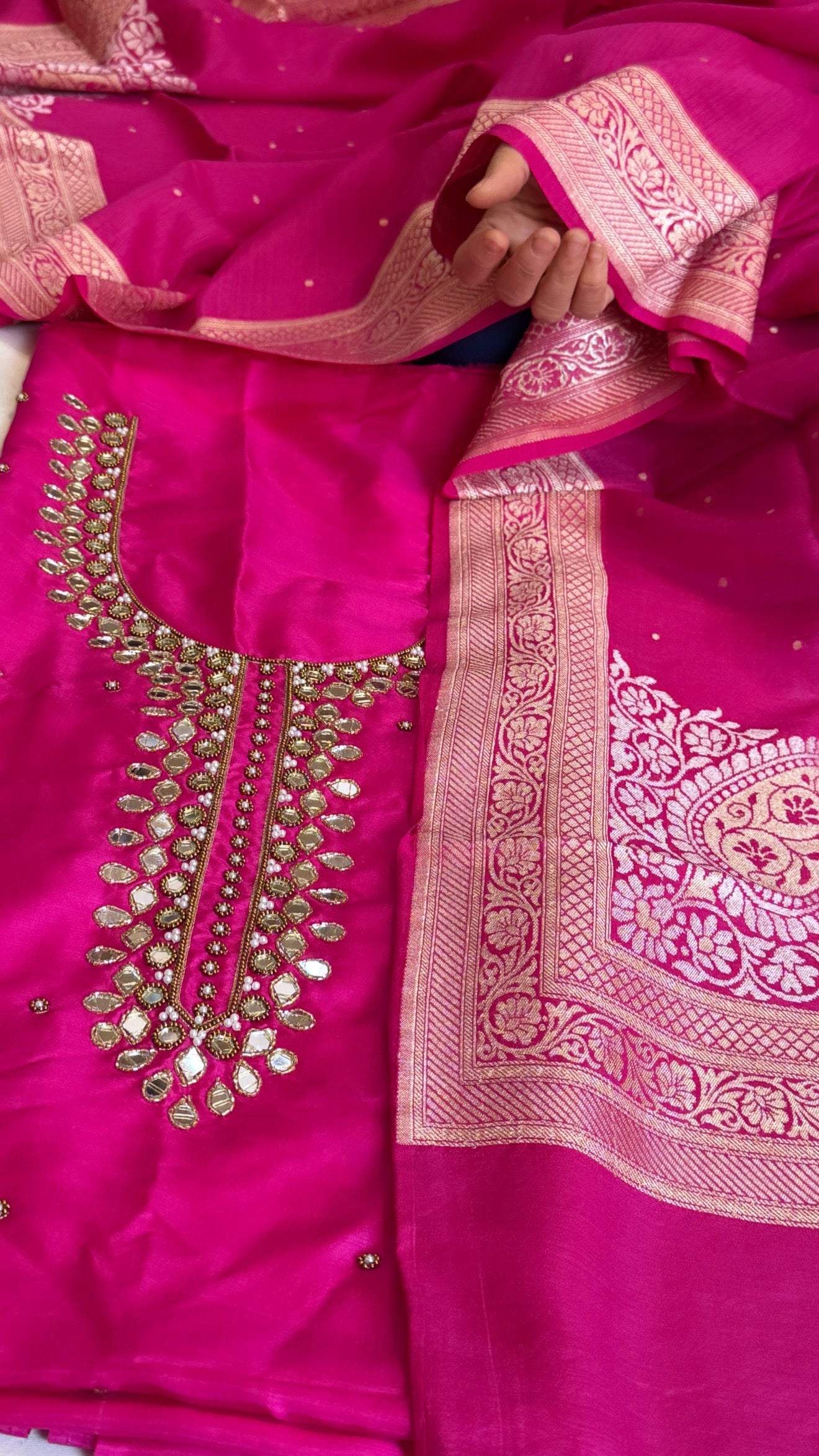 Sheesham rani pink mirror work katan silk kadhwa suit set