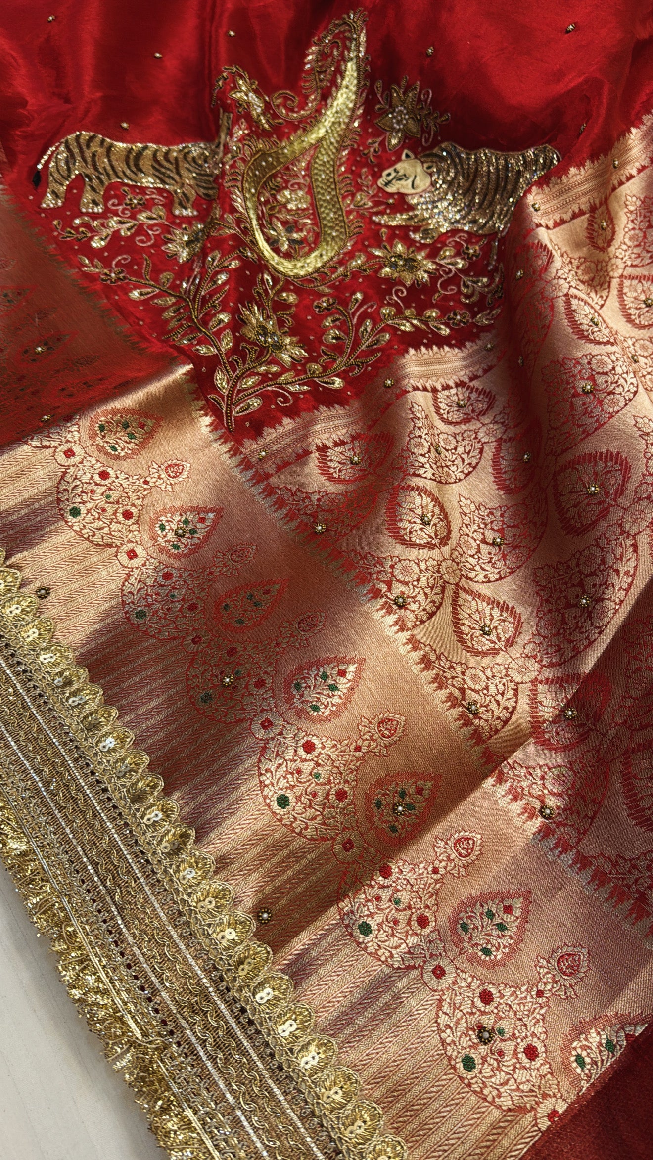 Red special - Husn hot red tissue silk tiger motif hand embroidered kadhwa saree