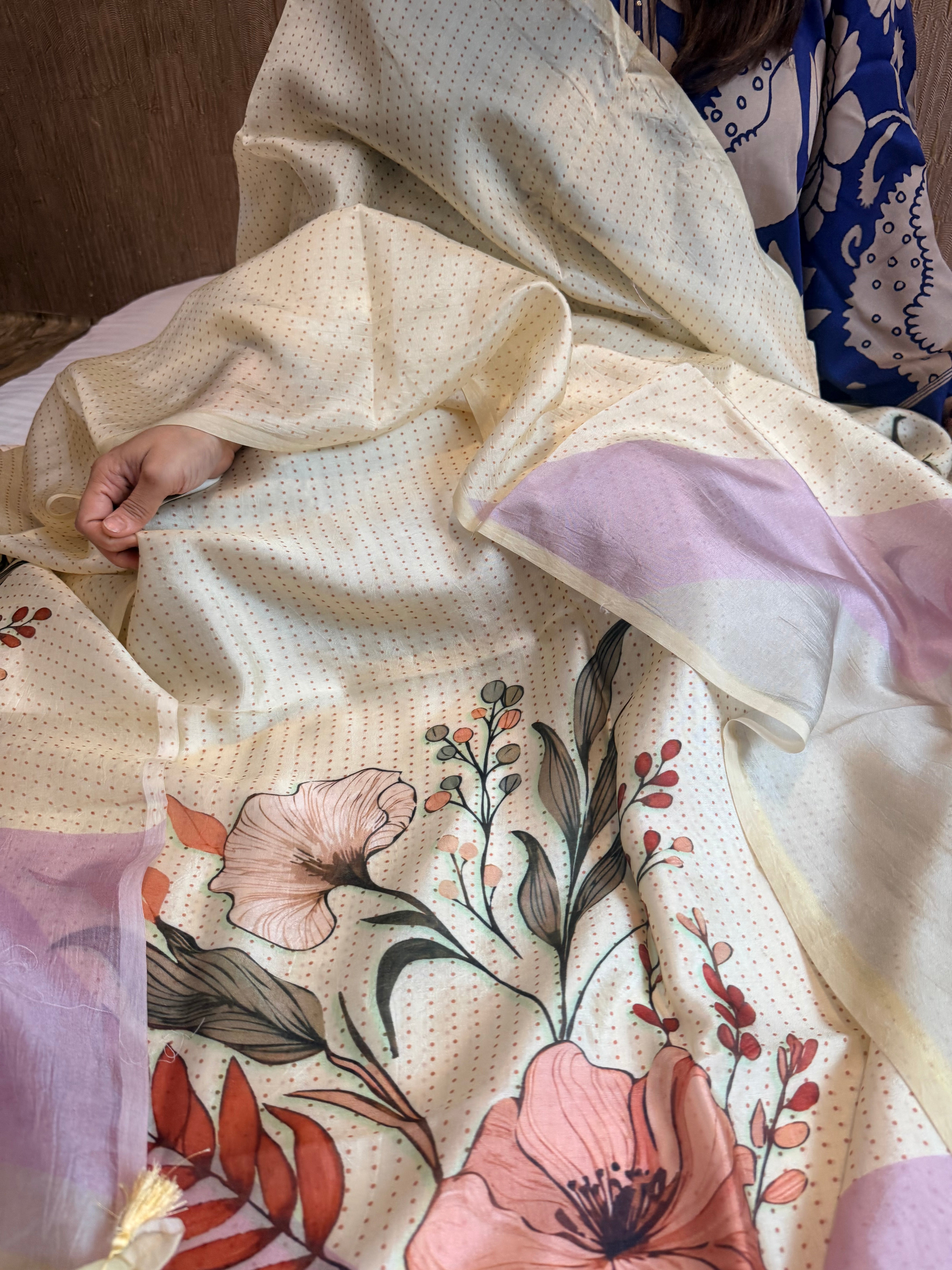 Printed spun chiniya silk kadhwa weaving suit set