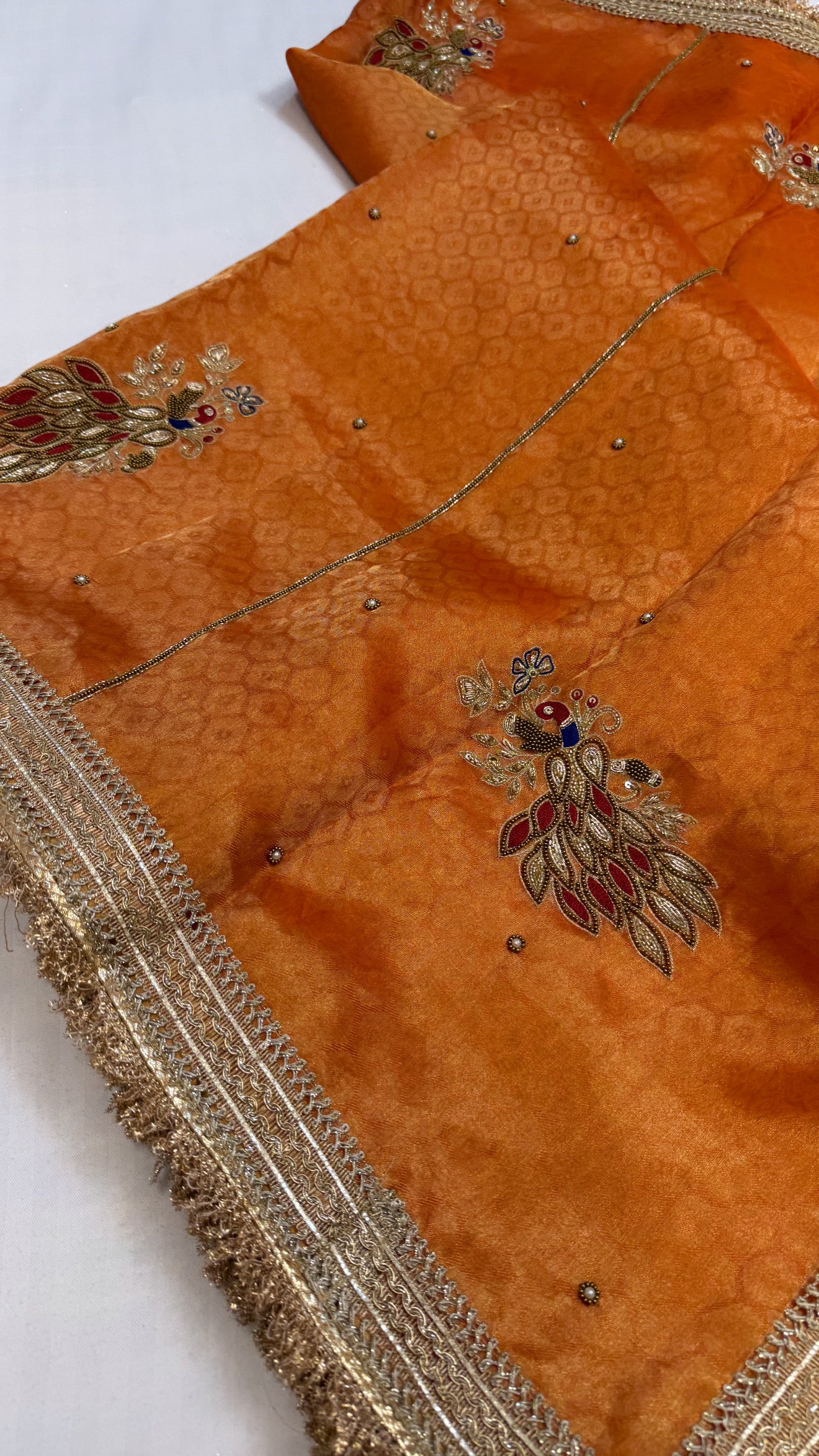 Baarat wali saree - Fanta orange husn tissue silk hand embroidered saree