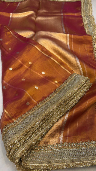 Maharani kanjivaram pinkish-orange dhup chao effect tissue silk sarees