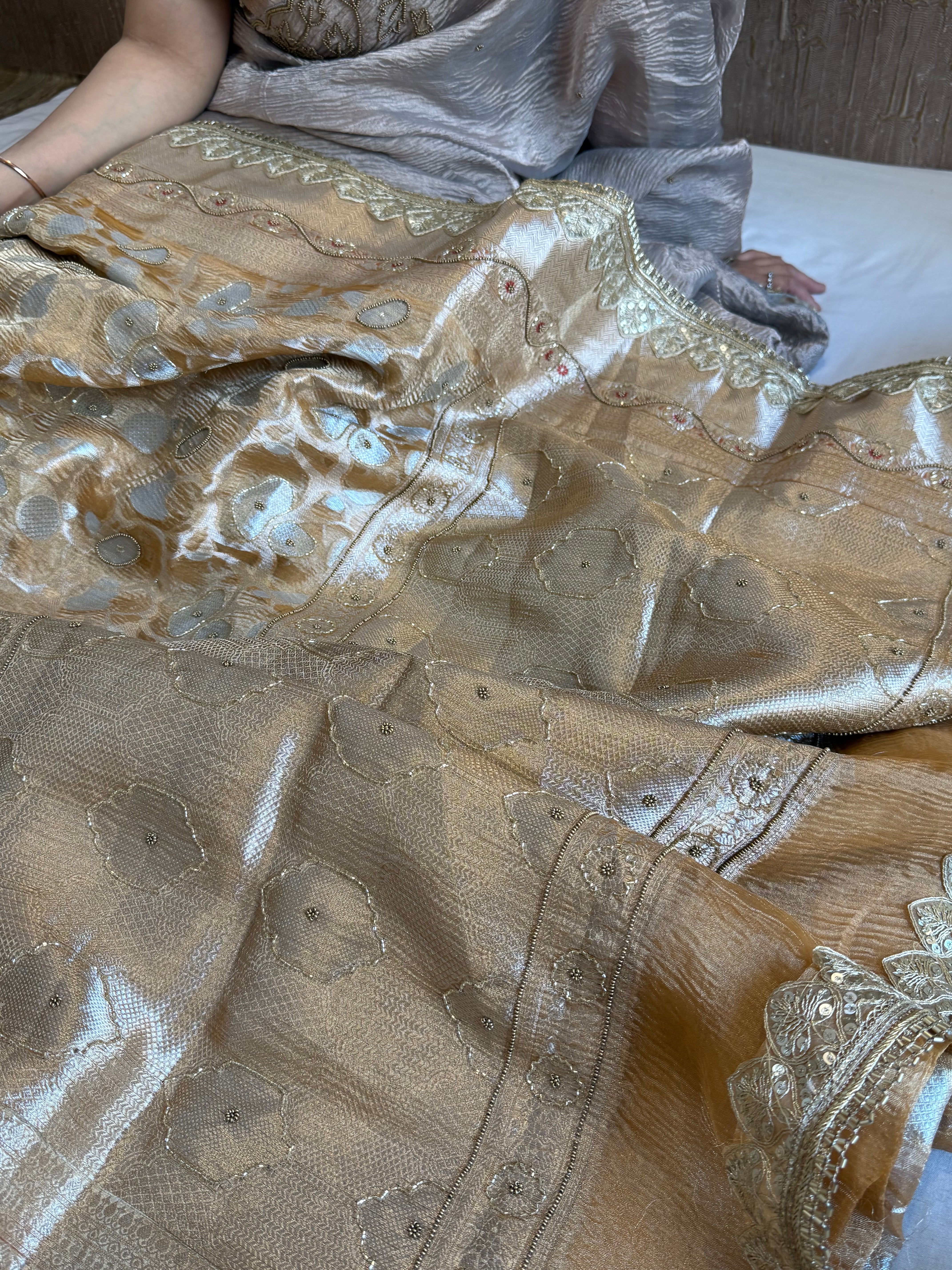 Mehfil sona rupa crushed tissue silk hand embroidered kadhwa saree