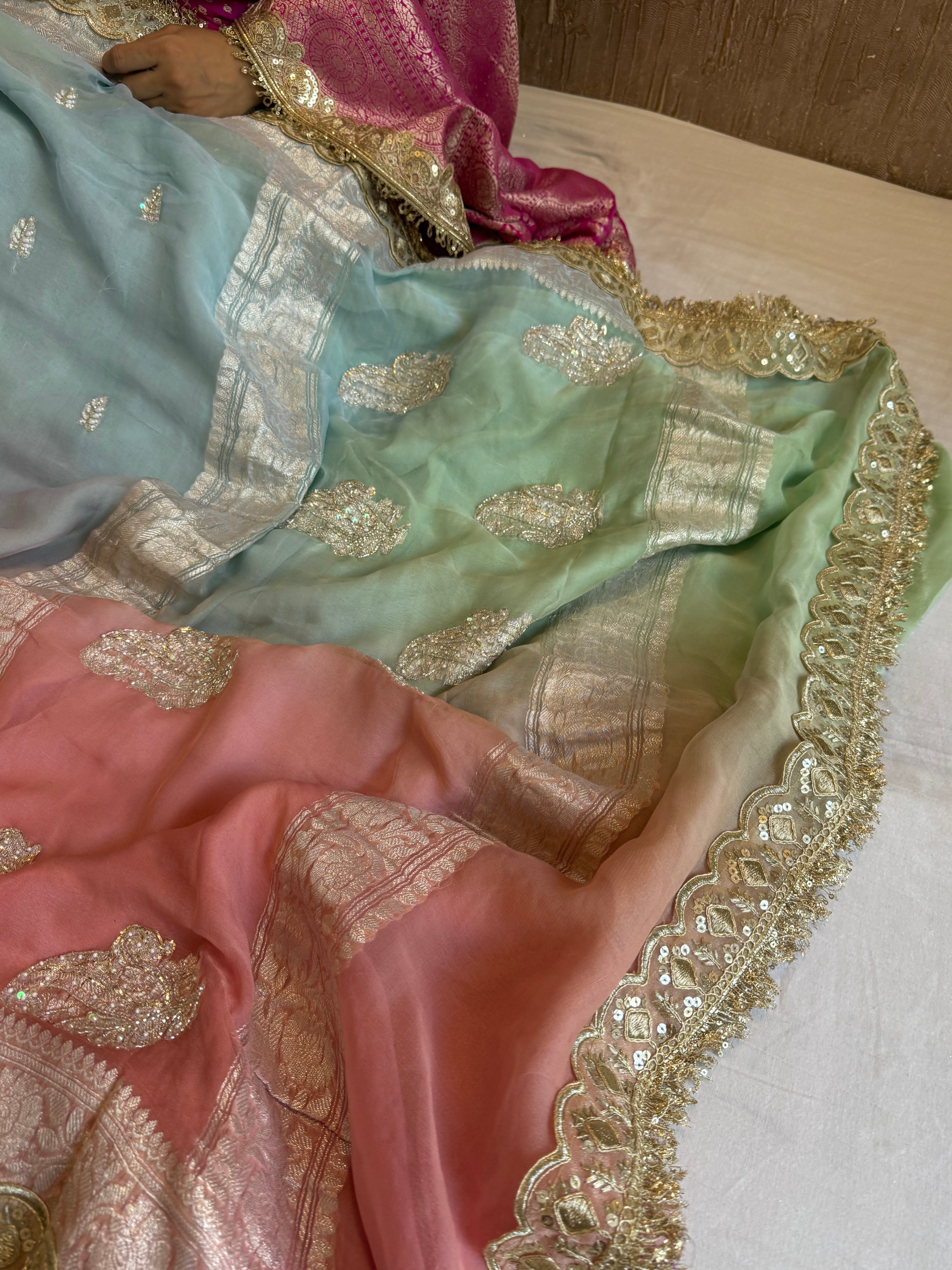 Paro banarasi chiffon gorgette hand embroidered kadhwa saree