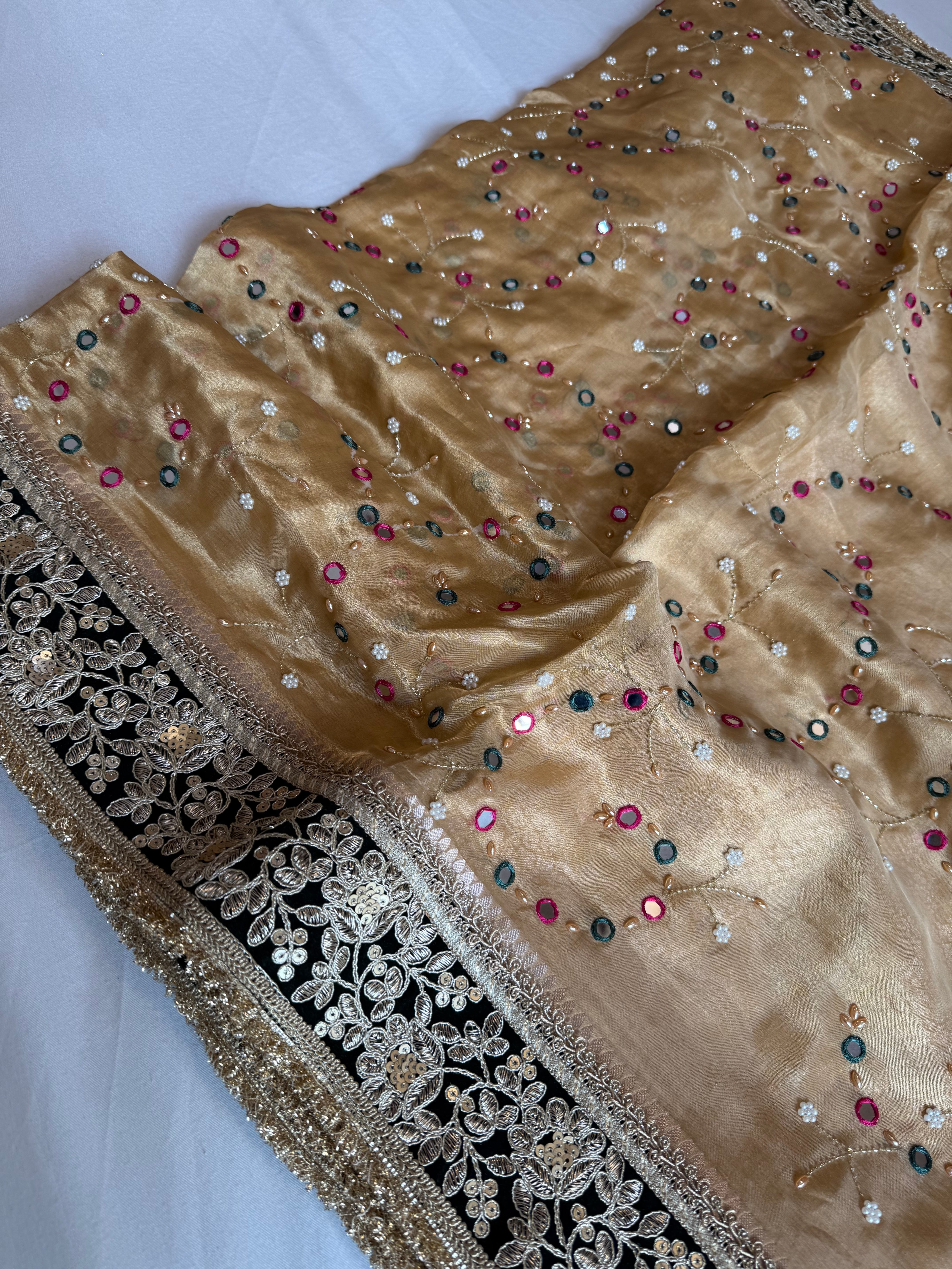 Sheesham edit - Heavy double tissue silk mirror work hand embroidered saree