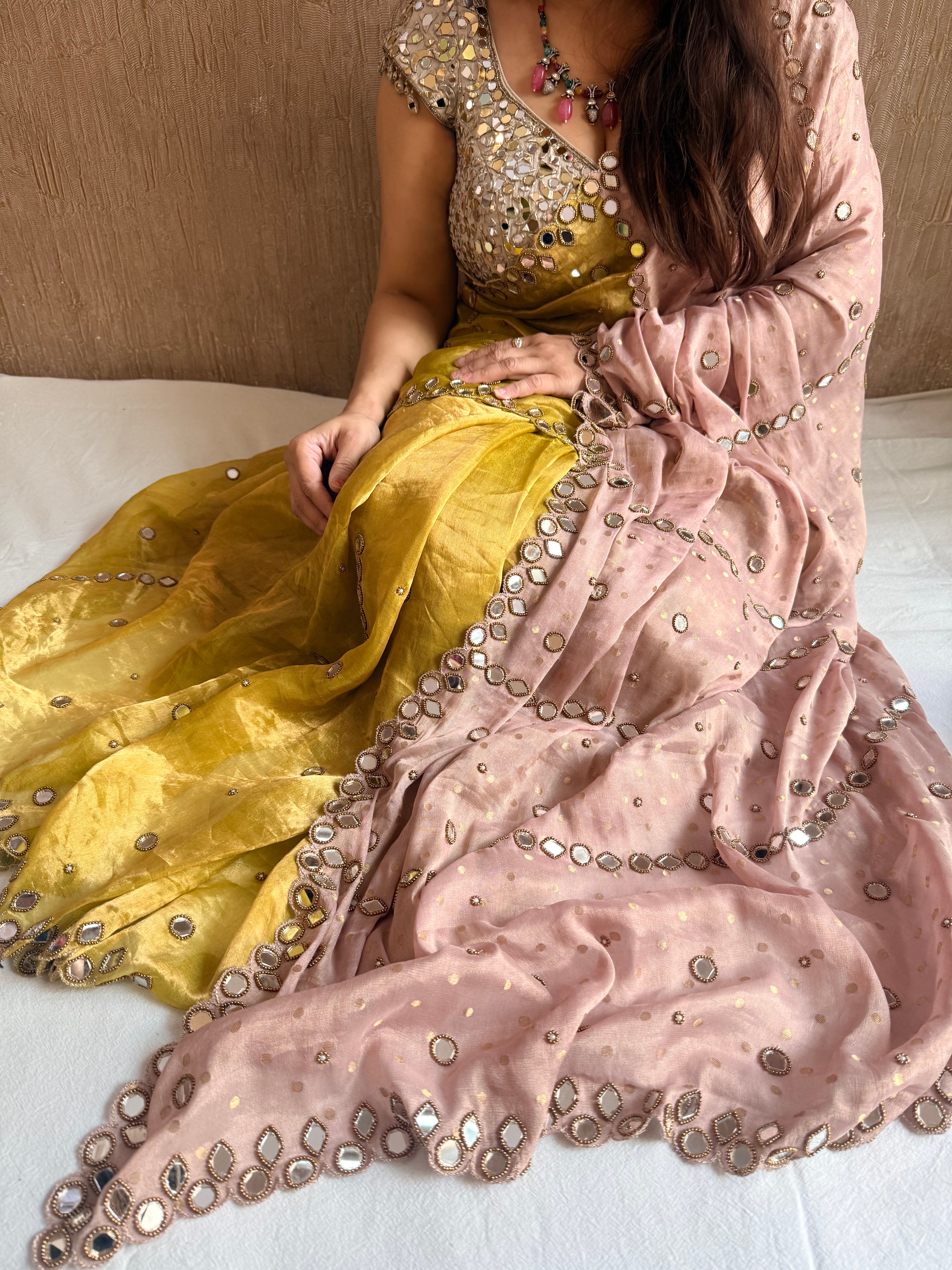 Tyohaar edit - Chiffon tissue gorgette mirrorwork half-half kafhwa buti saree