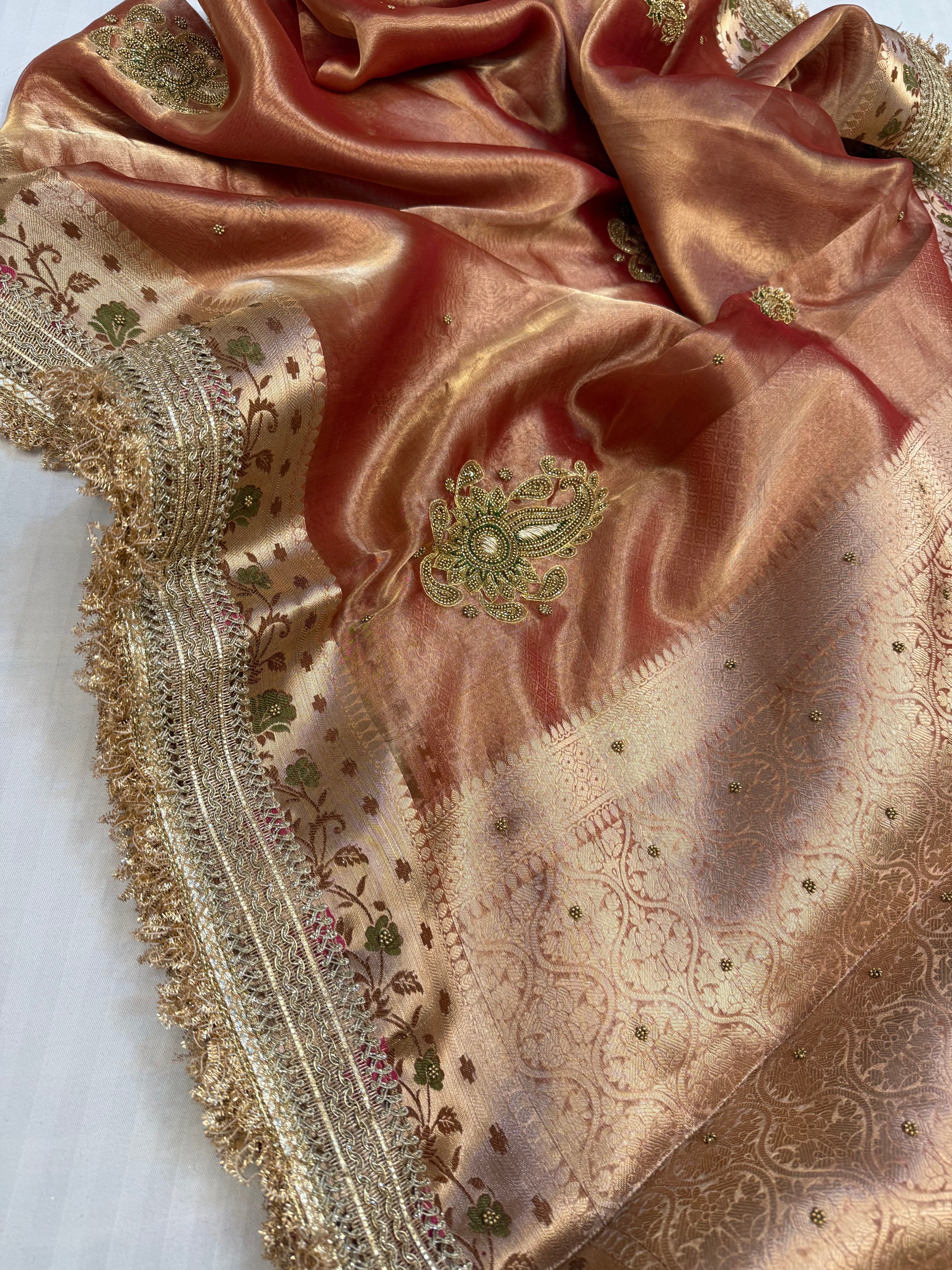 Cocktail edit sarees - Soft reddish orange tissue silk hand embroidered saree