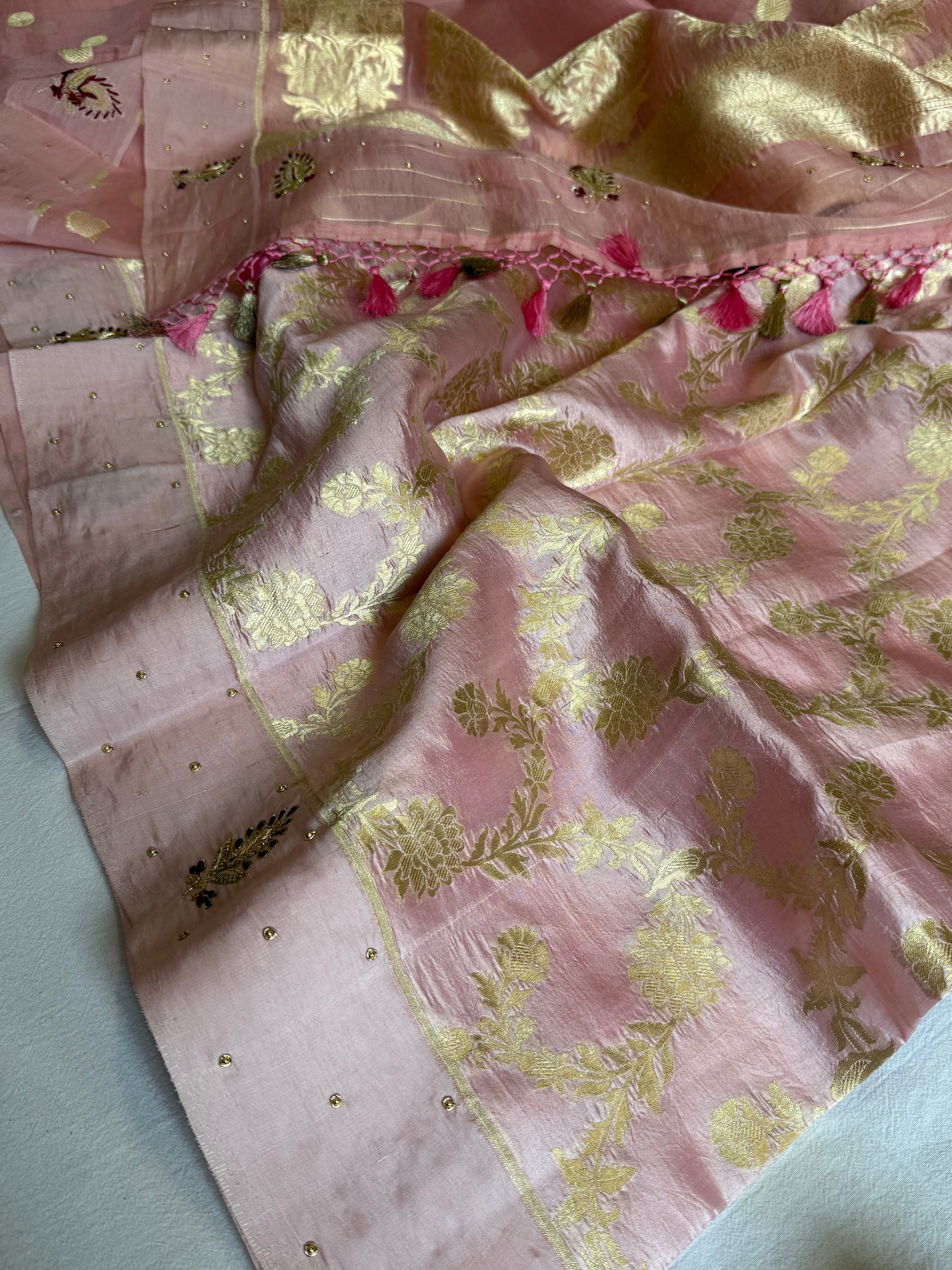 Blush pink banarasi kora silk hand embroidered kadhwa saree