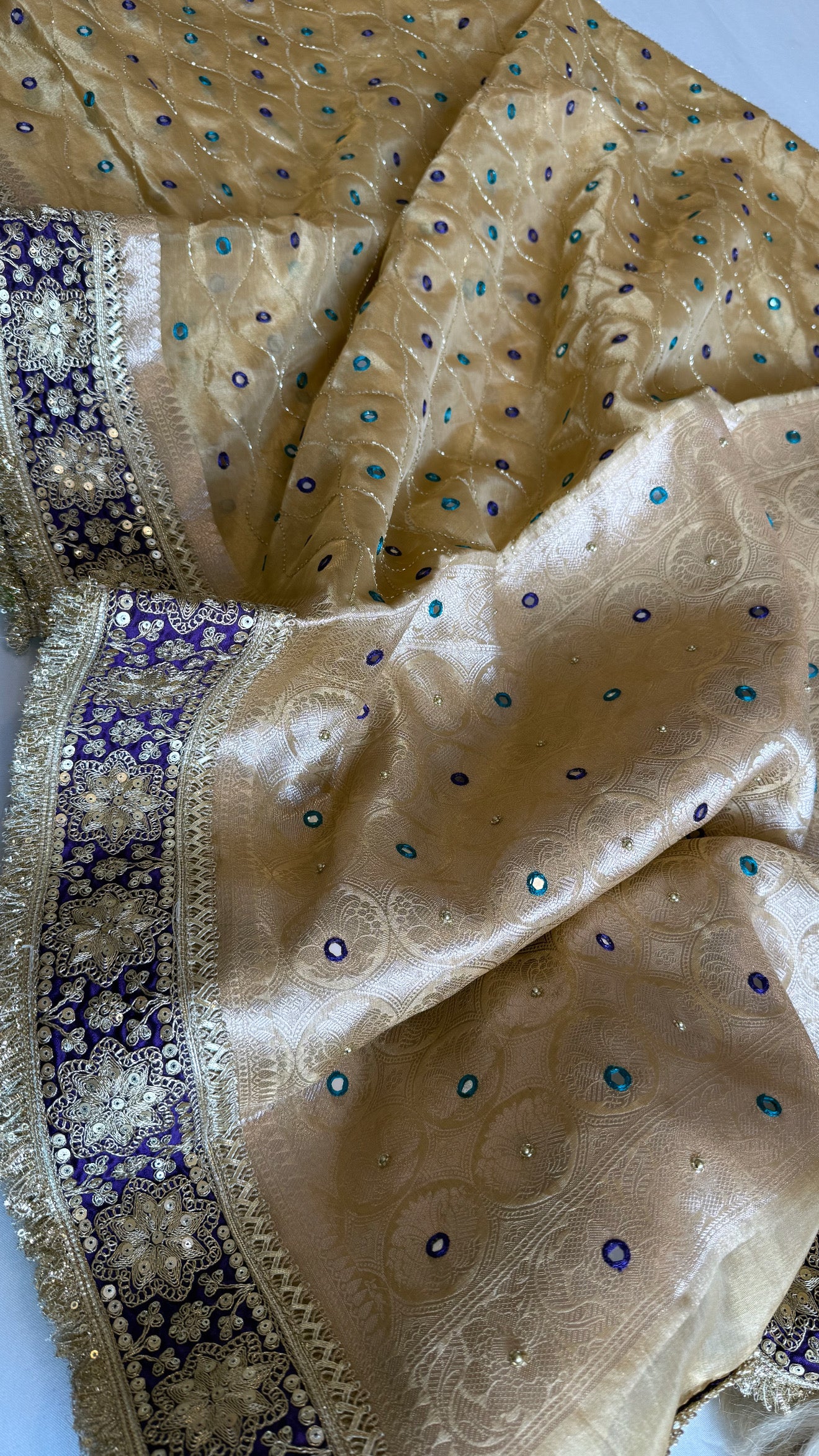 Sheesham edit - Heavy double tissue silk mirror work hand embroidered saree