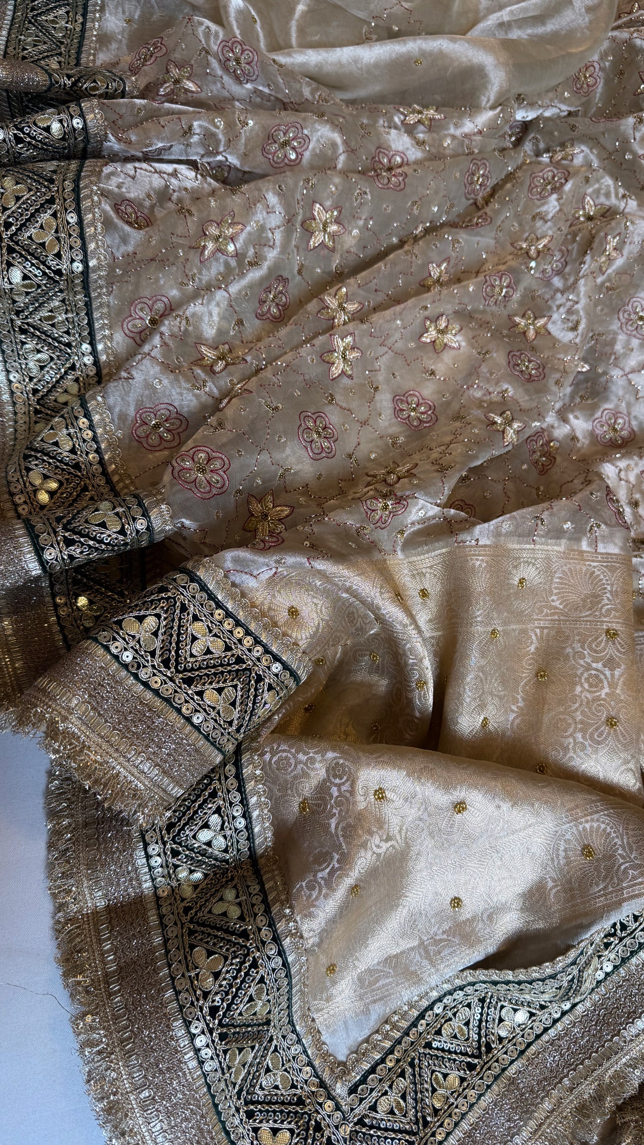 Kutchi inspired tissue silk hand embroidered heavy meenakari gharchola design saree