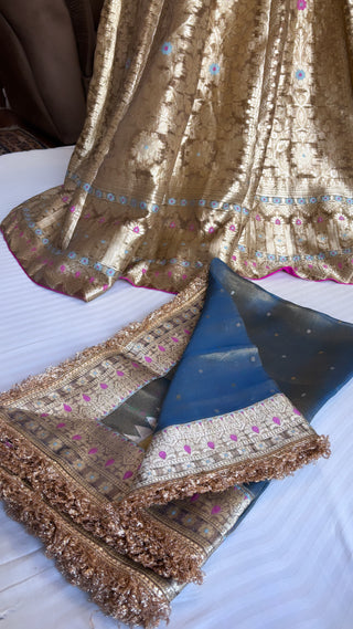 Blueish gold tissue silk kali wale lehenga