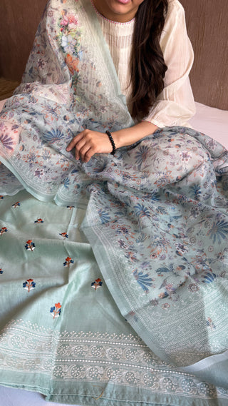 Soft mint green mul cotton Resham meenakari kadhwa buti suit set