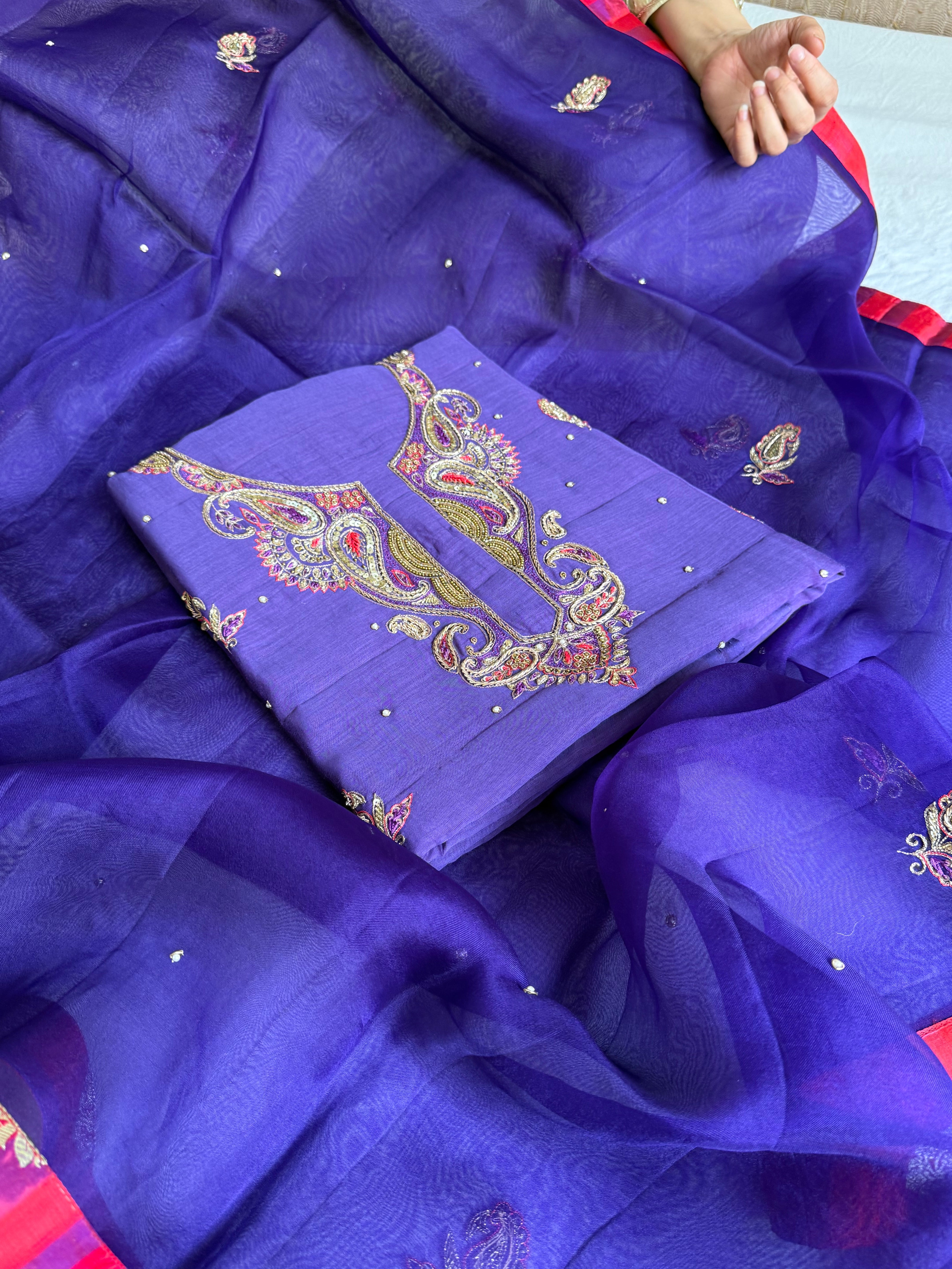 Banarasi formal wear mul cotton royal purple hand embroidered kadhwa suit paired with banarasi border kora silk duppata