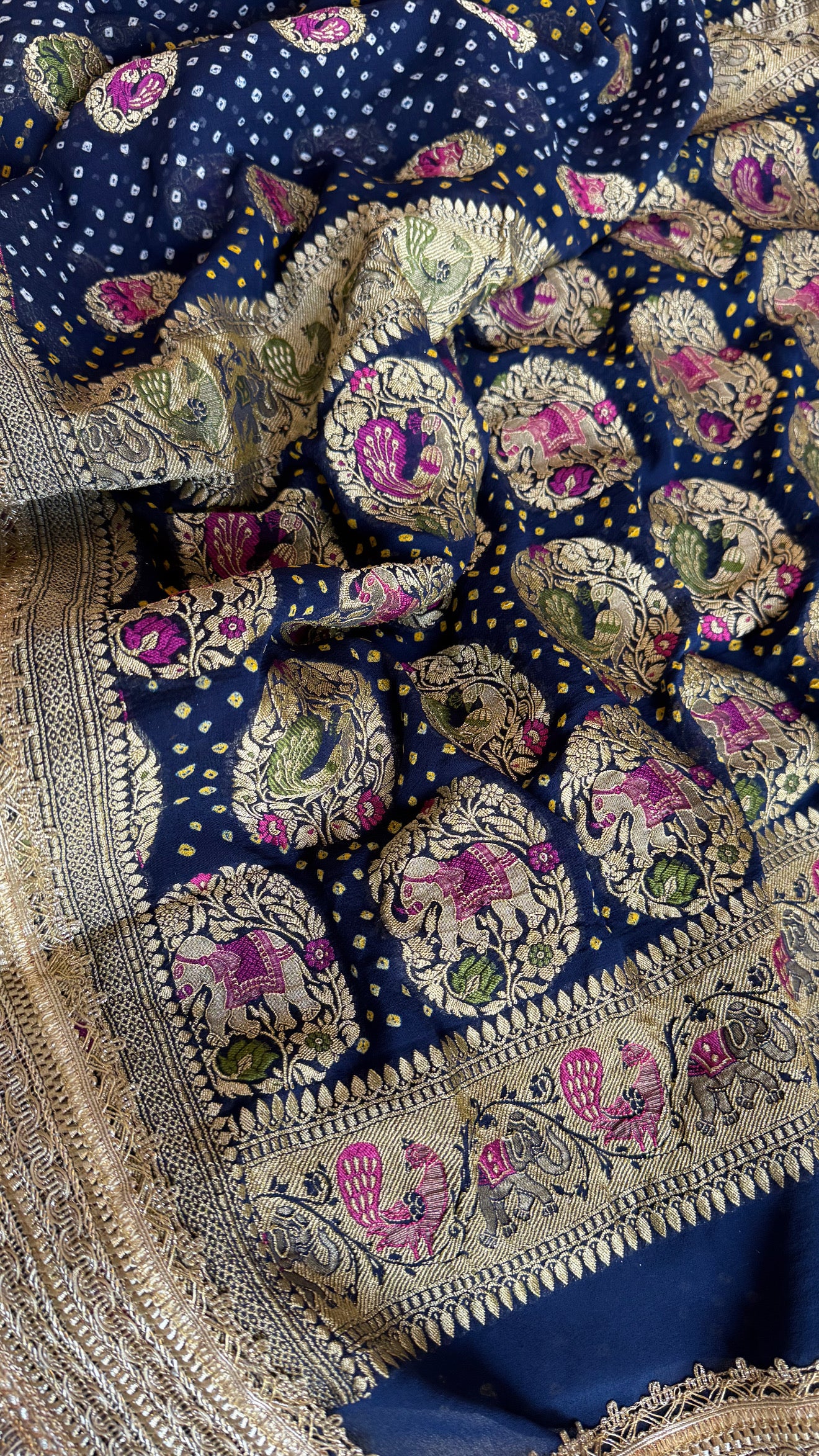 Persian blue banarasi gorgette kadhwa meenakari bandhej saree