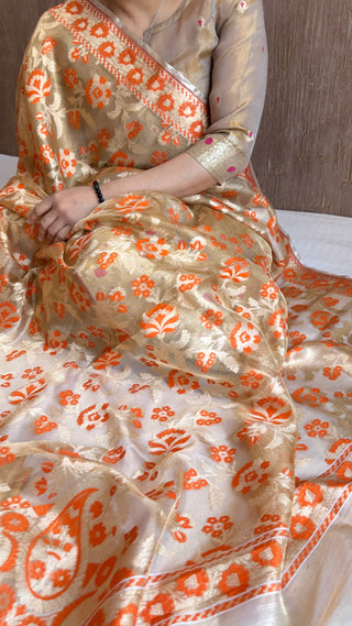 Iktara tissue silk orange meenakari jungla jamdani suit set