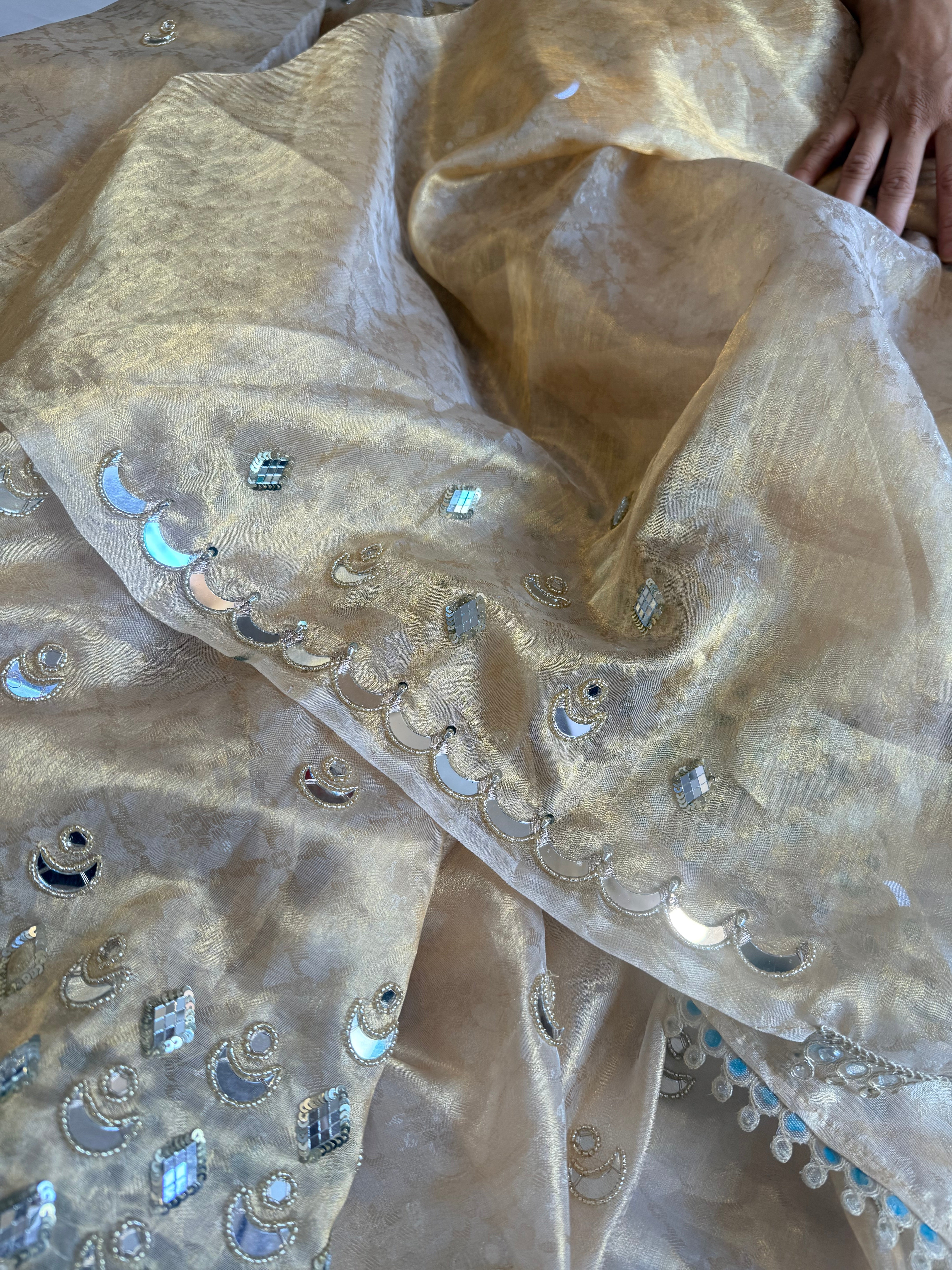 Butter gold tissue silk mirror work hand embroidered kadhwa saree